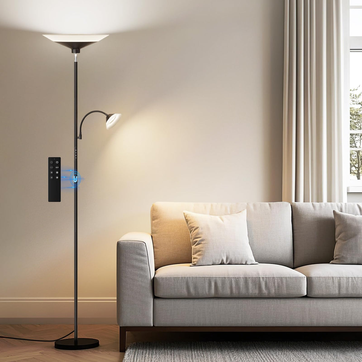 Sibrille 2-in-1 torchiere floor lamp front view with dual lighting for ambiance and reading
