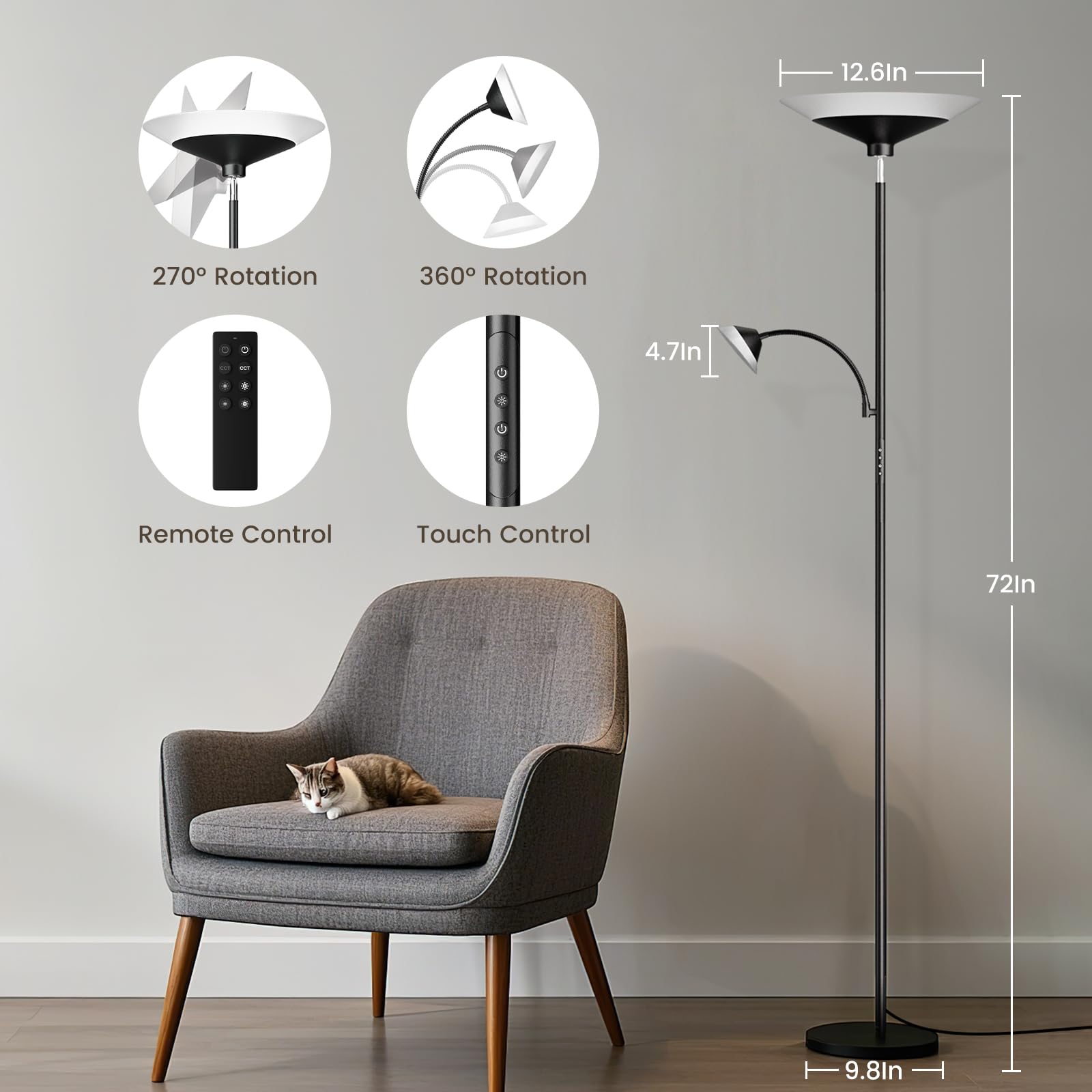 Sibrille torchiere floor lamp side view showing adjustable head for uplight or downlight