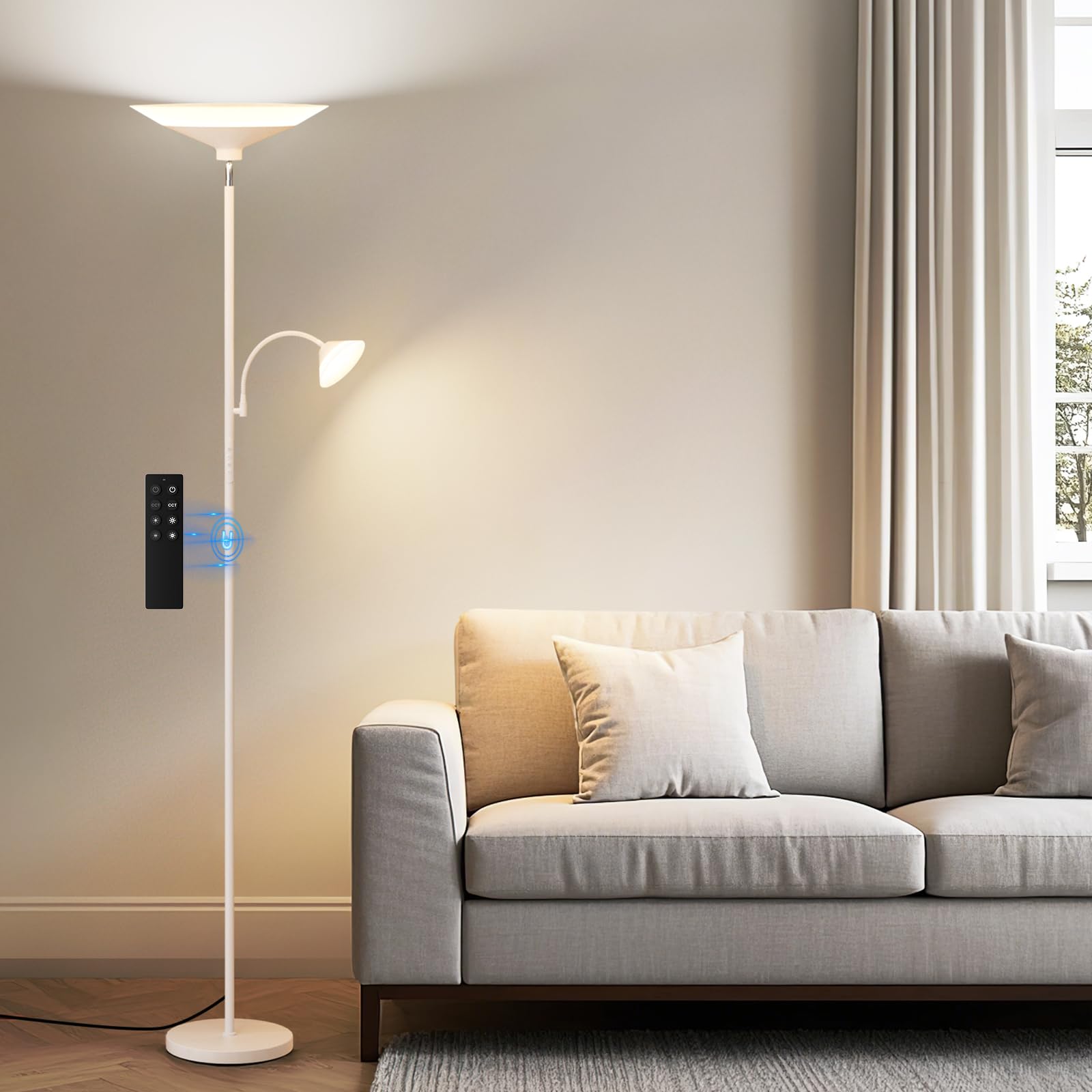 SIBRILLE upgraded 2-light torchiere lamp front view with dual lighting for living spaces