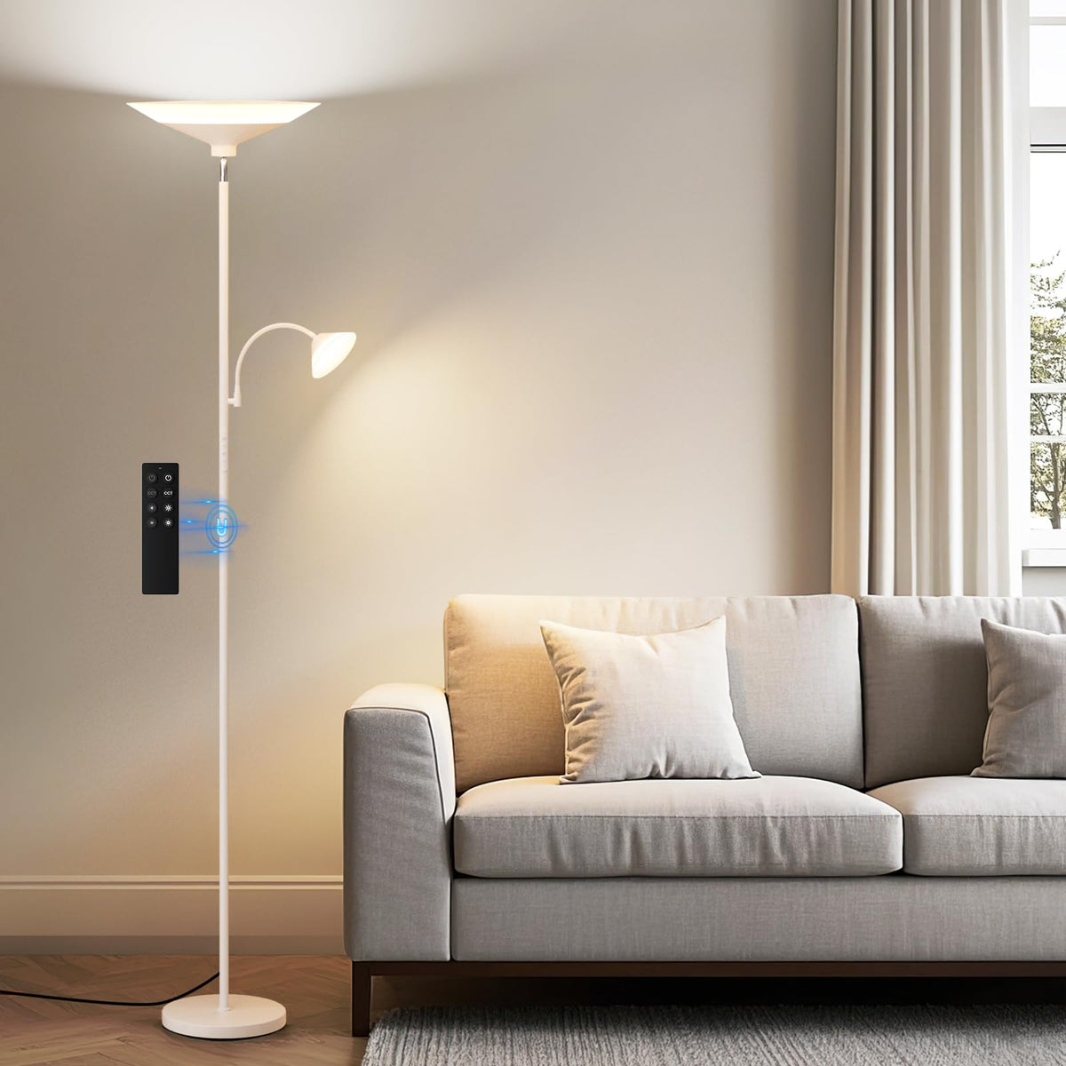 SIBRILLE upgraded 2-light torchiere lamp front view with dual lighting for living spaces