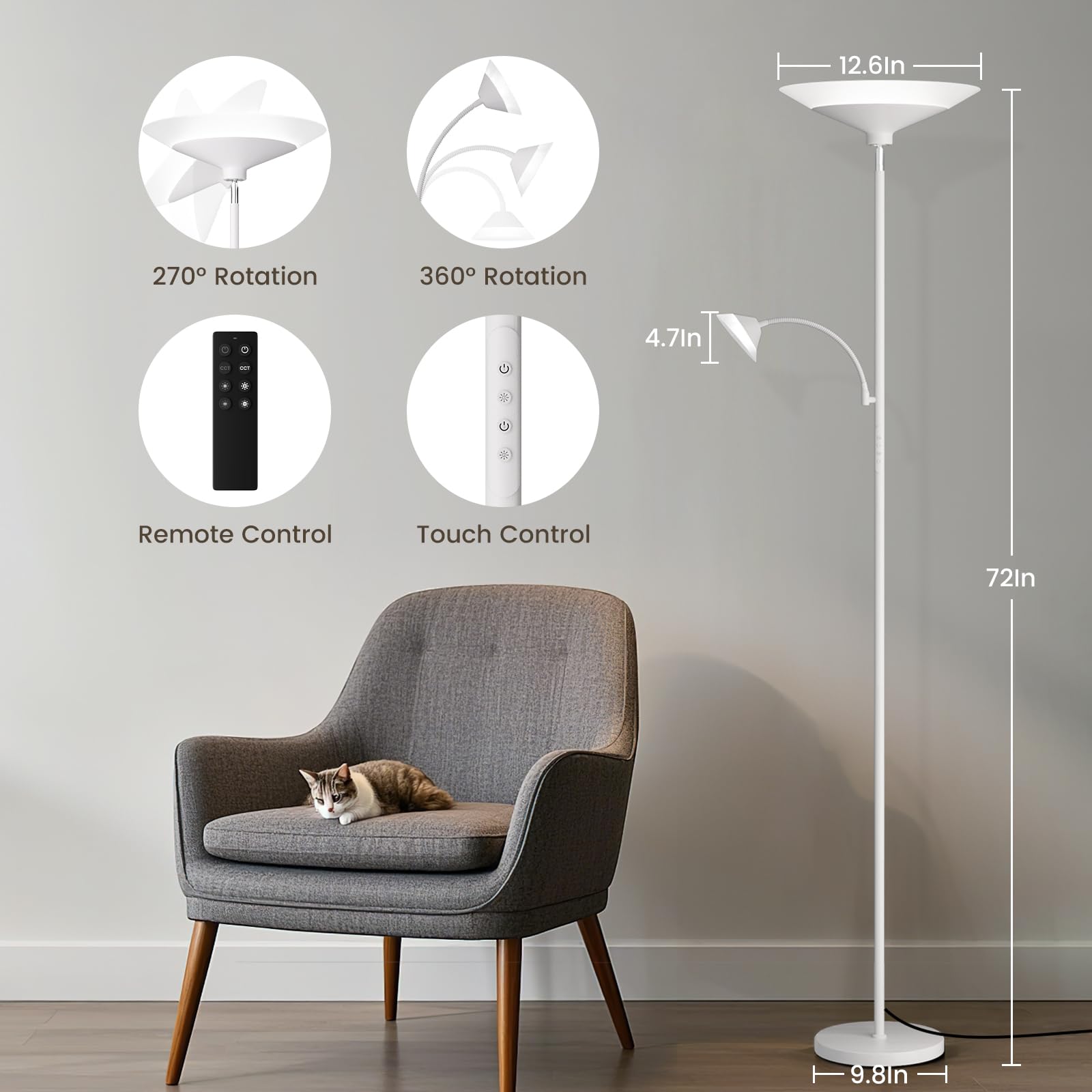 SIBRILLE upgraded 2-light torchiere lamp side view showing adjustable head for directed lighting