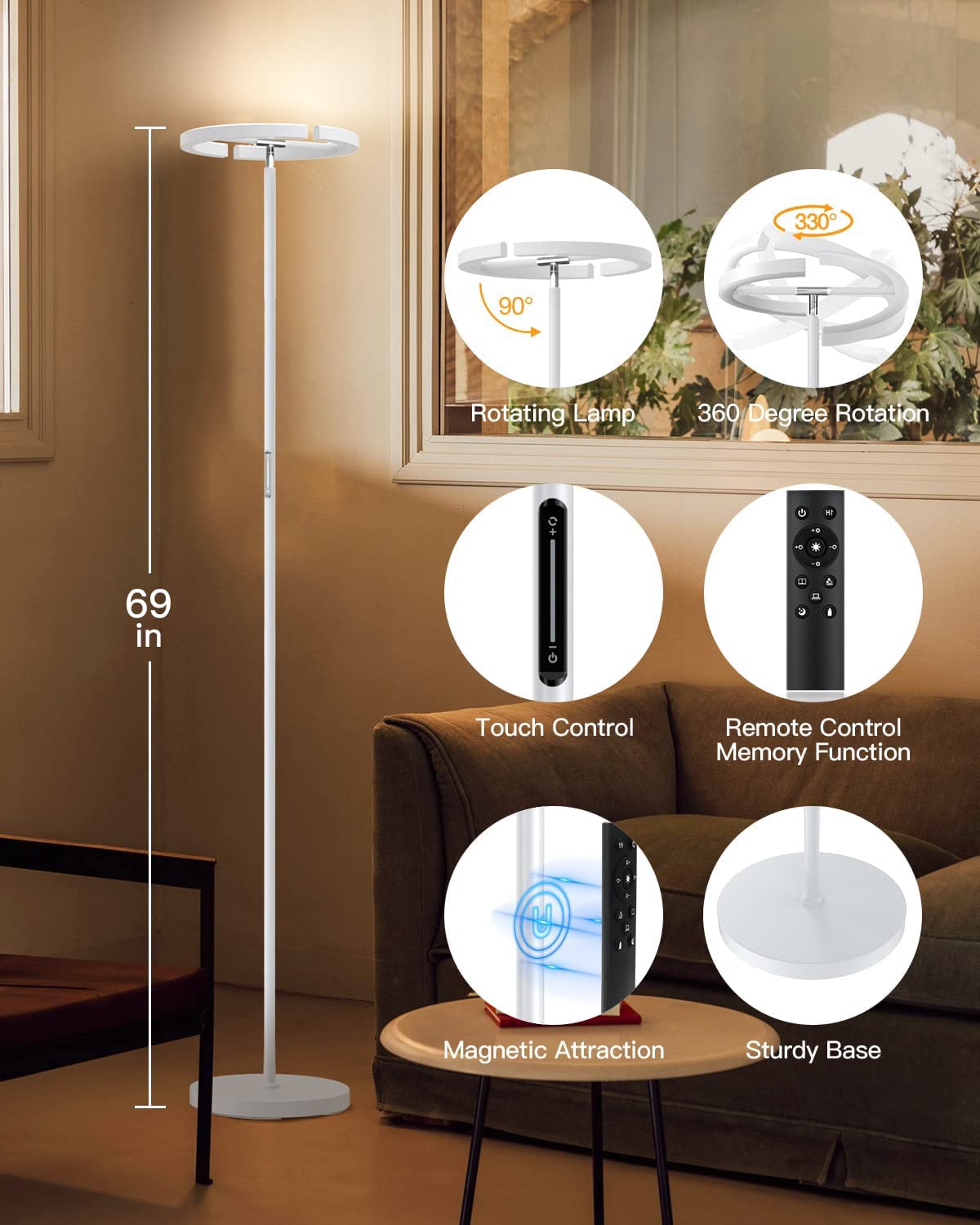 SIBRILLE dimmable panel on white floor lamp for brightness control