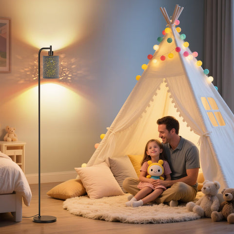 SIBRILLE floor lamp shows dimming functionality from soft to bright.