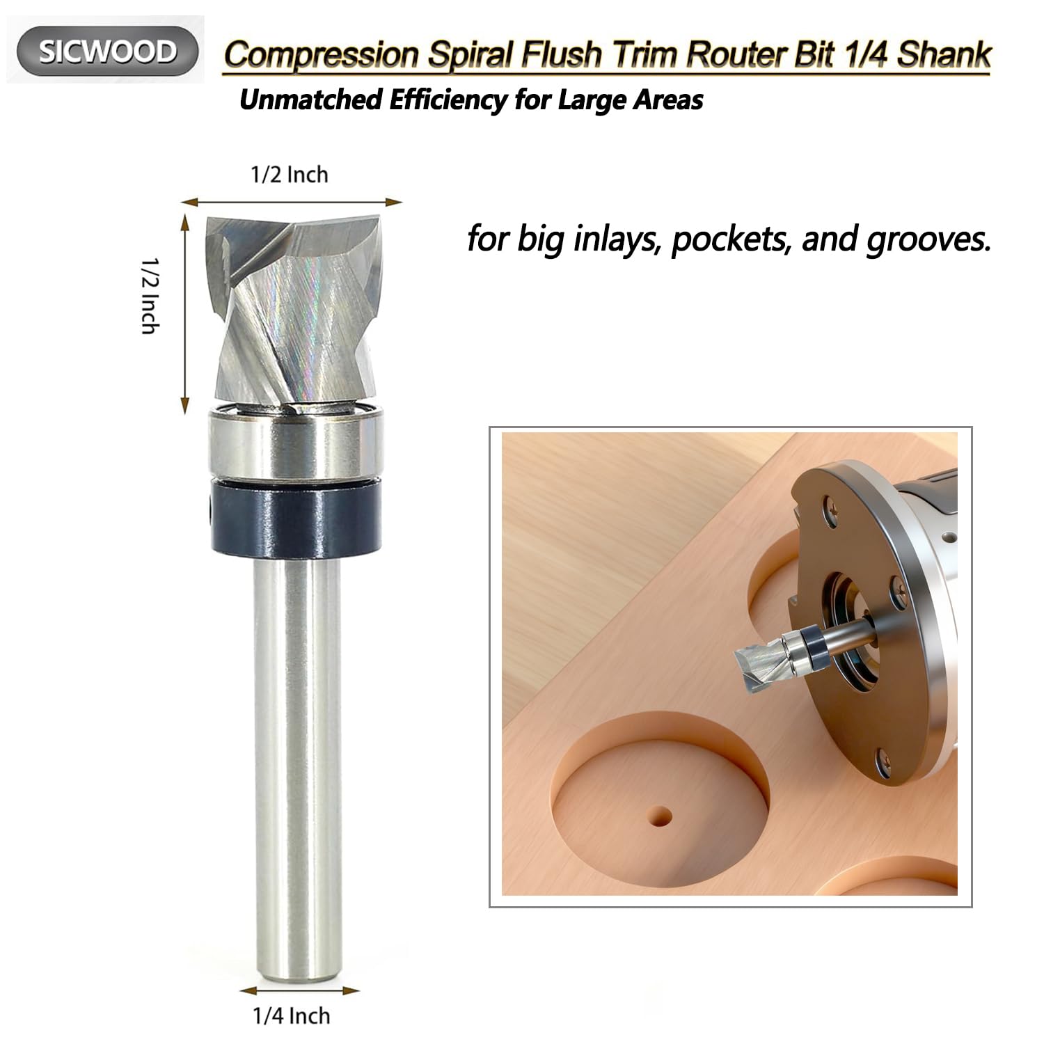 SICWOOD 2+2 flute compression router bit delivering clean edges and smooth chip removal.
