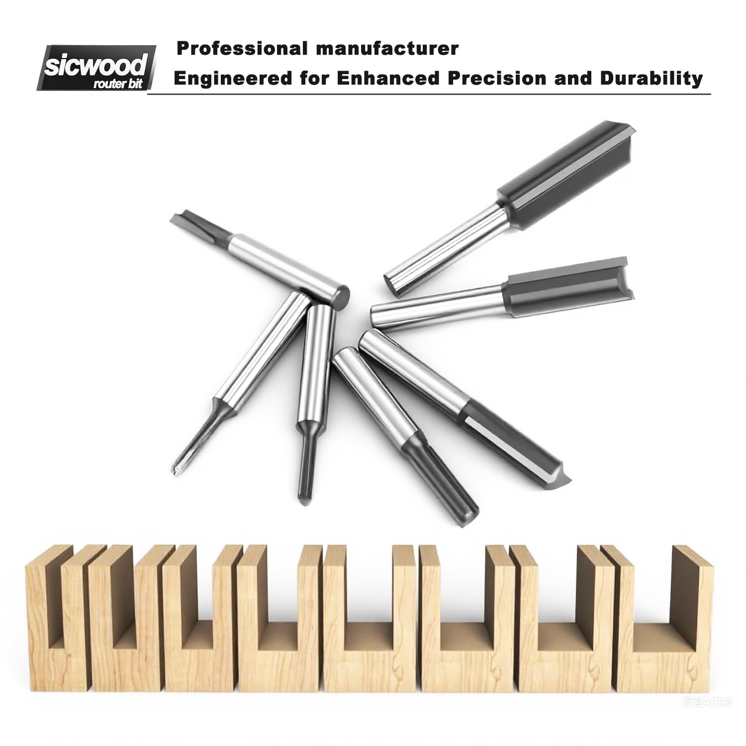 SICWOOD router bits shown for CNC, desktop, and handheld setups.