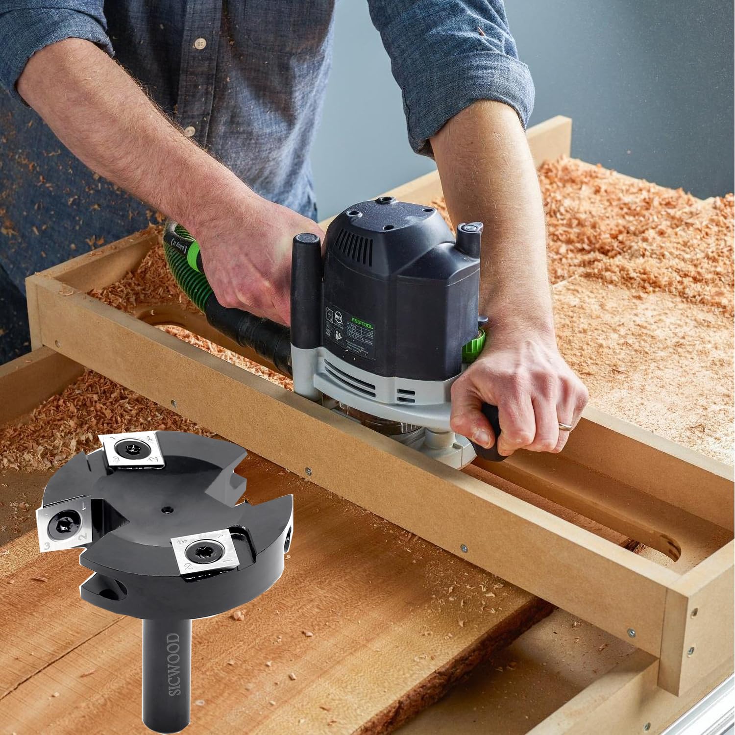 SICWOOD CNC-surfacing bit compatible with routers and sleds.