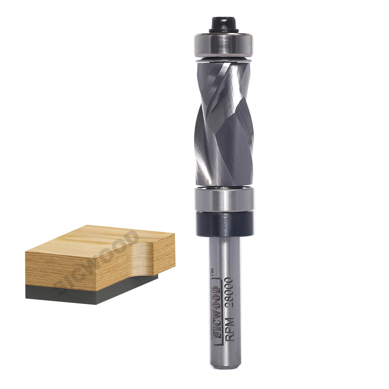 SICWOOD compression flush trim bit top bearing in angled view for precise edge trimming