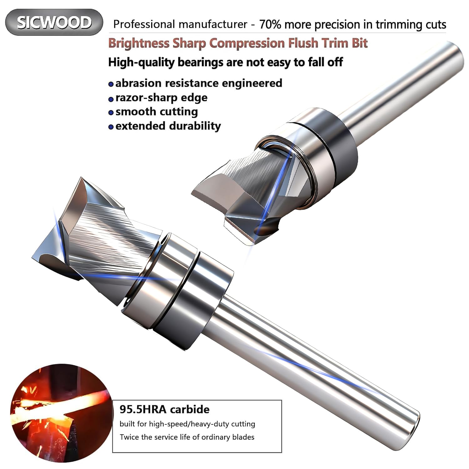 SICWOOD pattern mortising trim bit with template bearing for guided pattern routing.