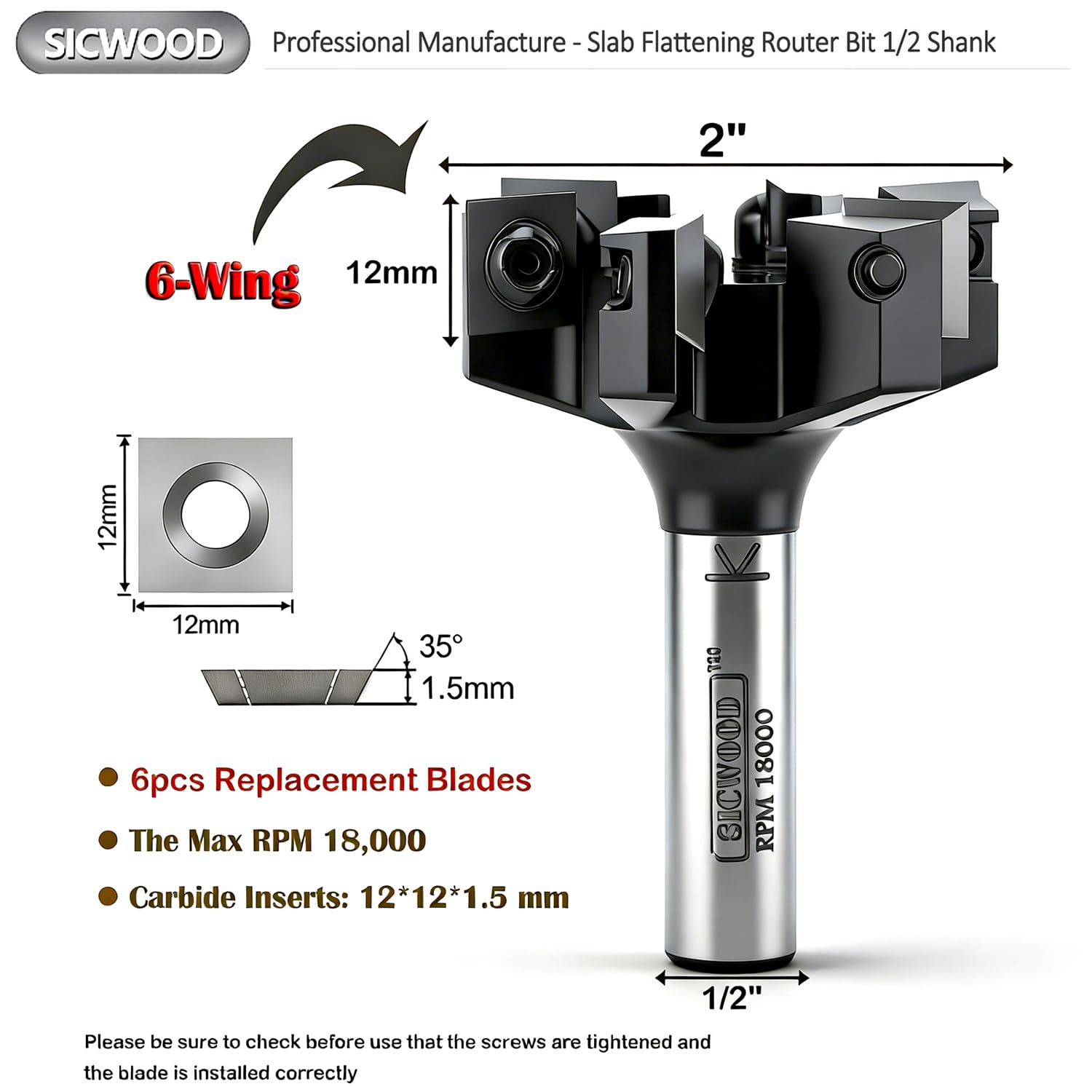 SICWOOD six-wing carbide router bit for smooth wood slab cuts