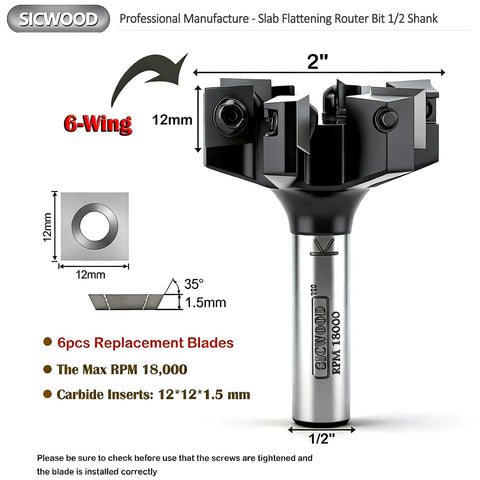 SICWOOD six-wing carbide router bit for smooth wood slab cuts