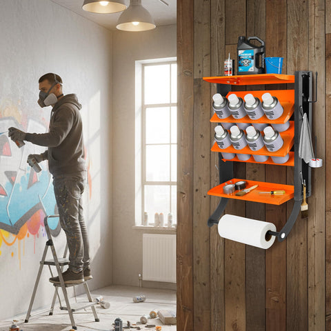 Tilted-forward design improves visibility and quick access to spray cans.
