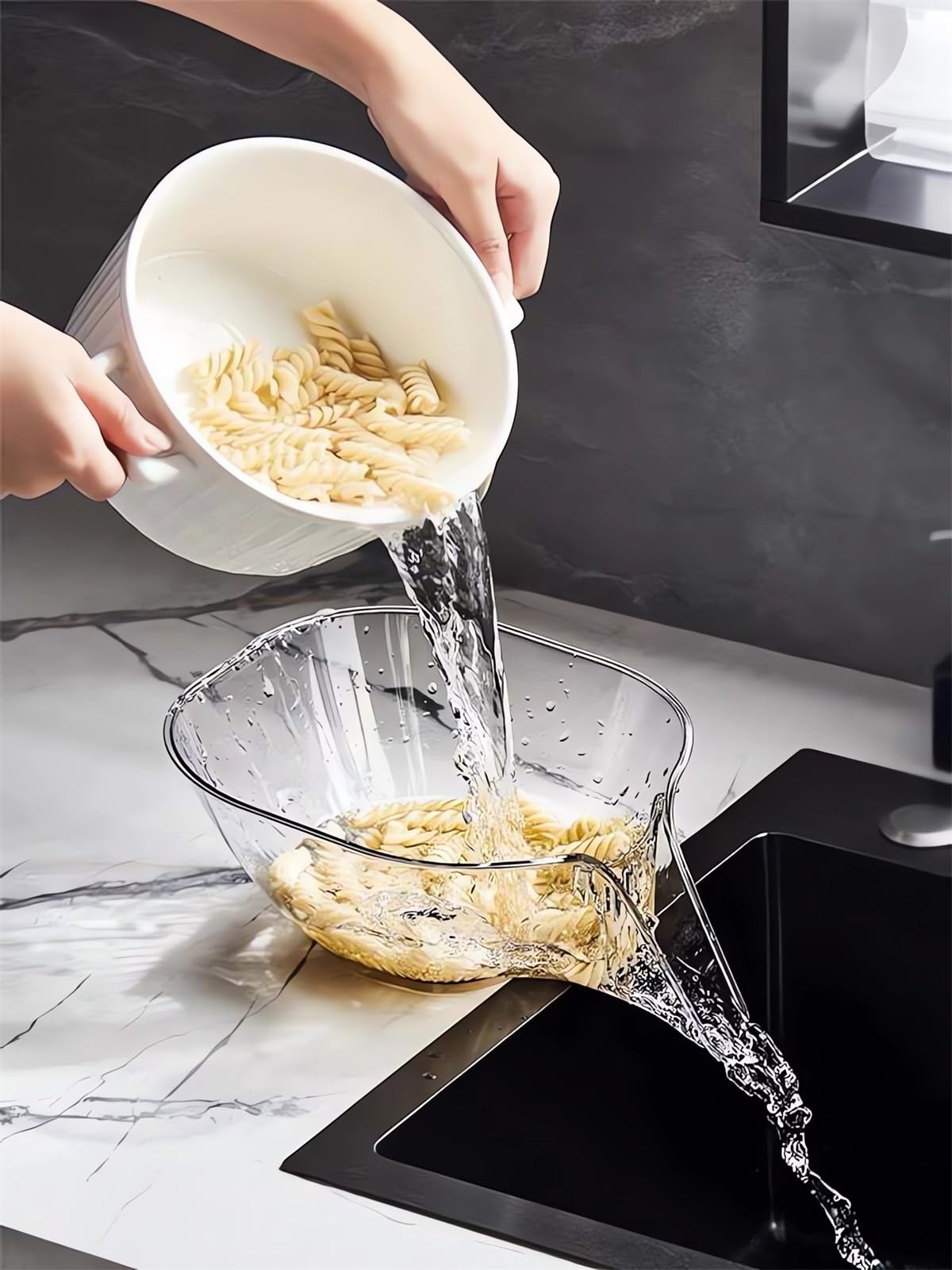 Sidmund sink-edge design saves counter space during washing.
