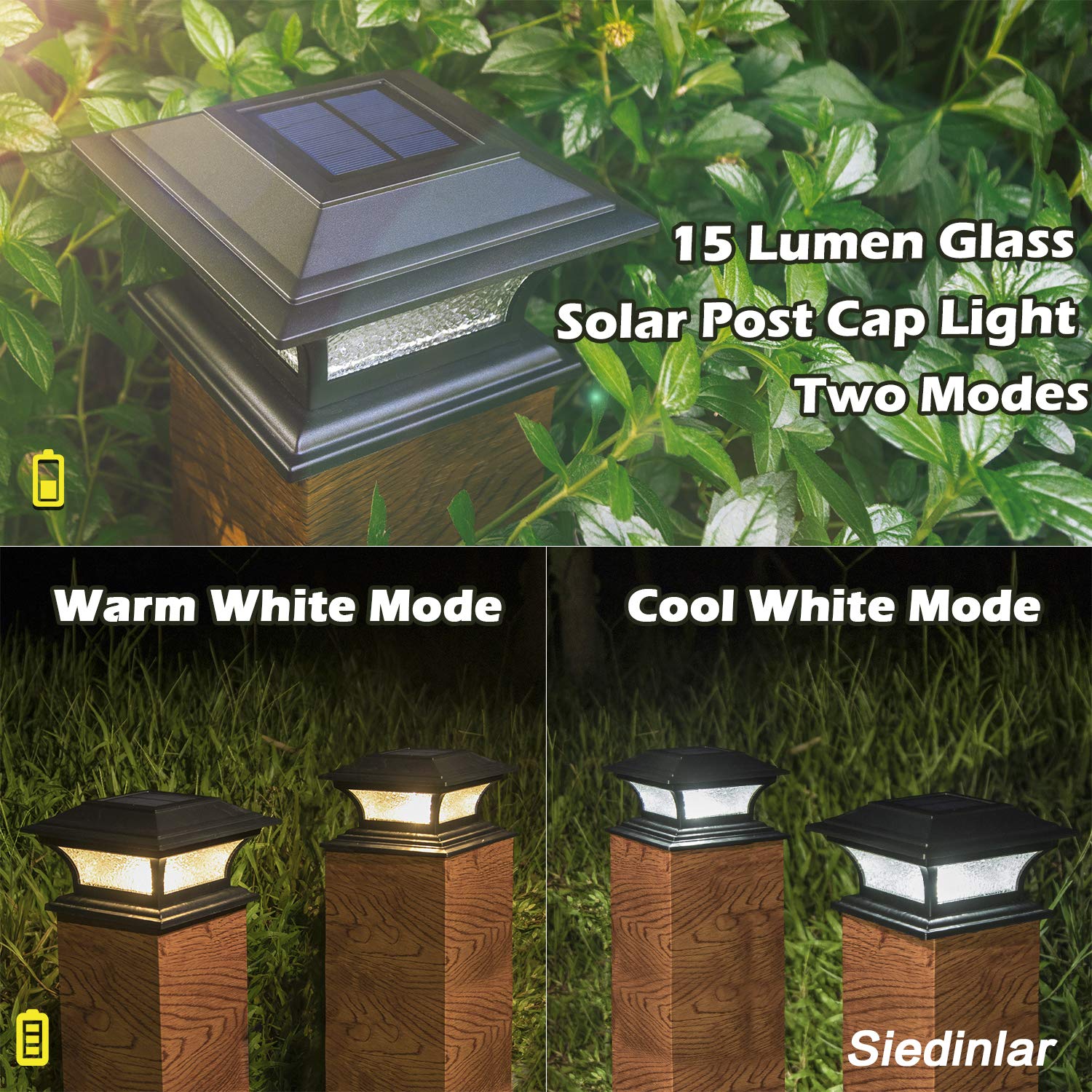 SIEDiNLAR solar post light in cool white highlights deck edges and pathways at night.