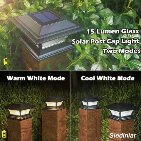 SIEDiNLAR solar post light in cool white highlights deck edges and pathways at night.