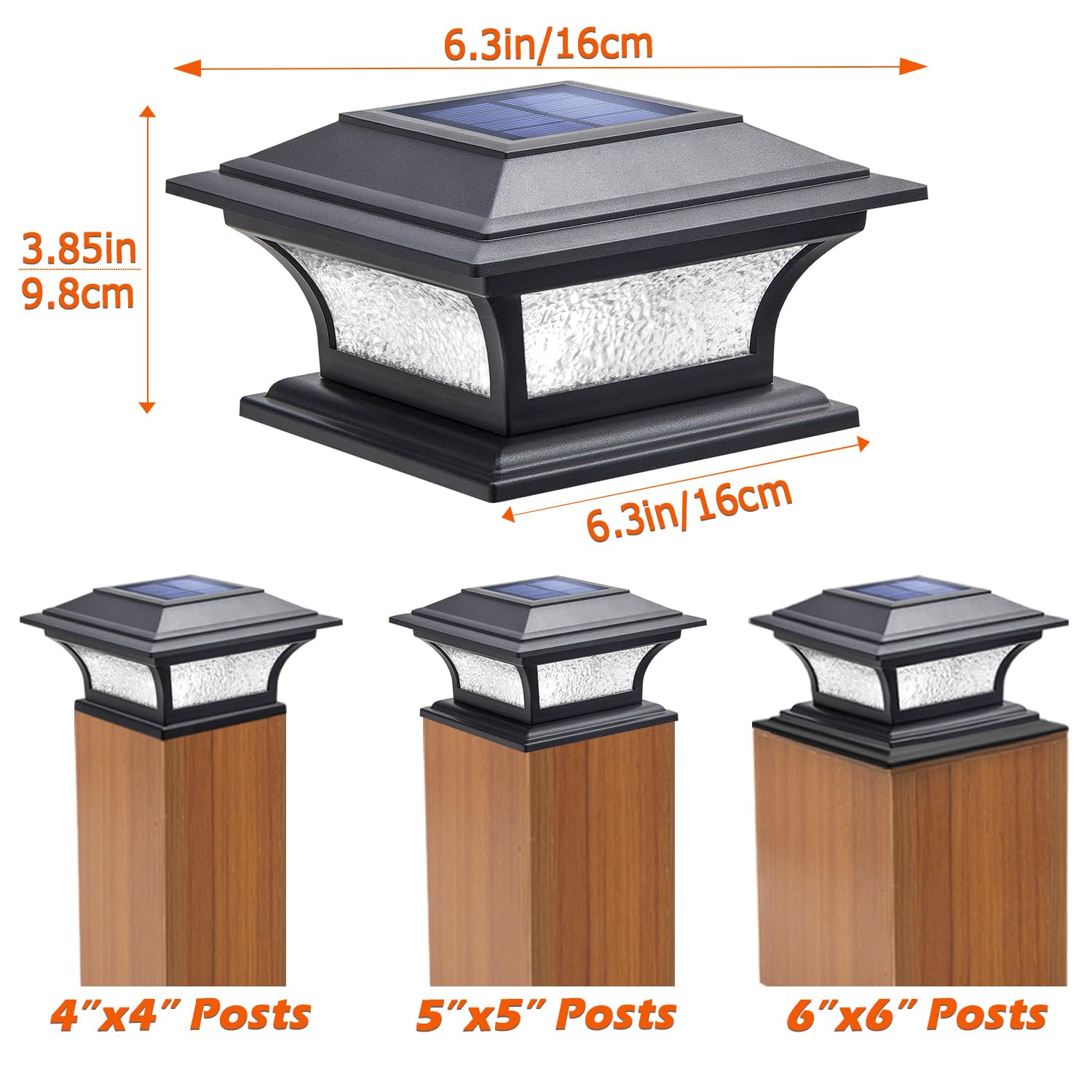 Pebbled glass base fits 4x4, 5x5, and 6x6 posts with durable, weather-resistant design.