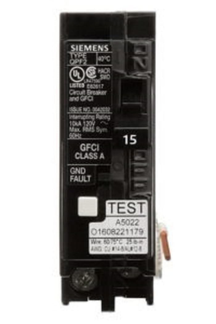 Siemens 15A 1-pole GFCI plug-on-neutral breaker in a panel for safer kitchen and bath circuits