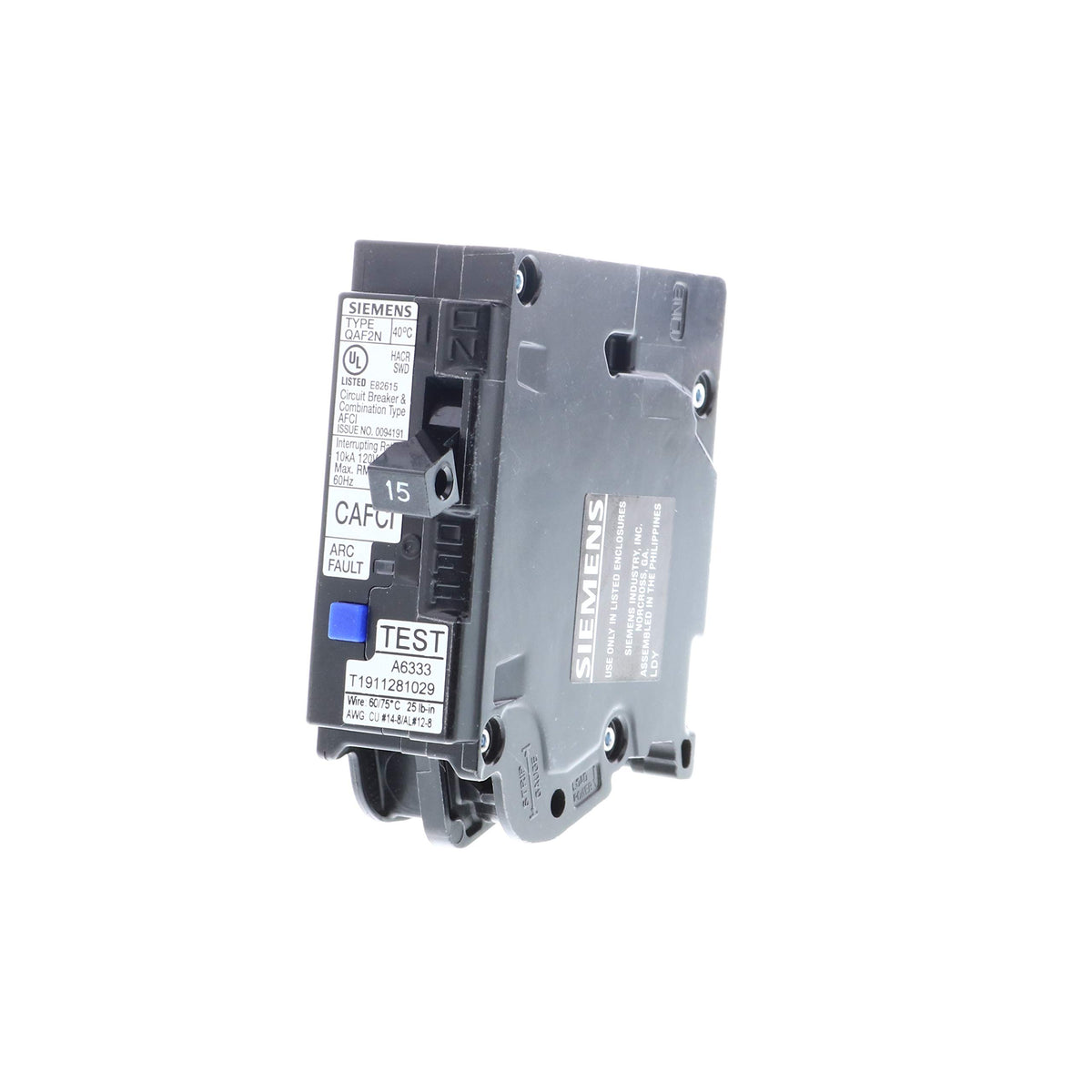 Siemens 15A AFCI plug-on-neutral breaker front view, easy install and arc fault protection.