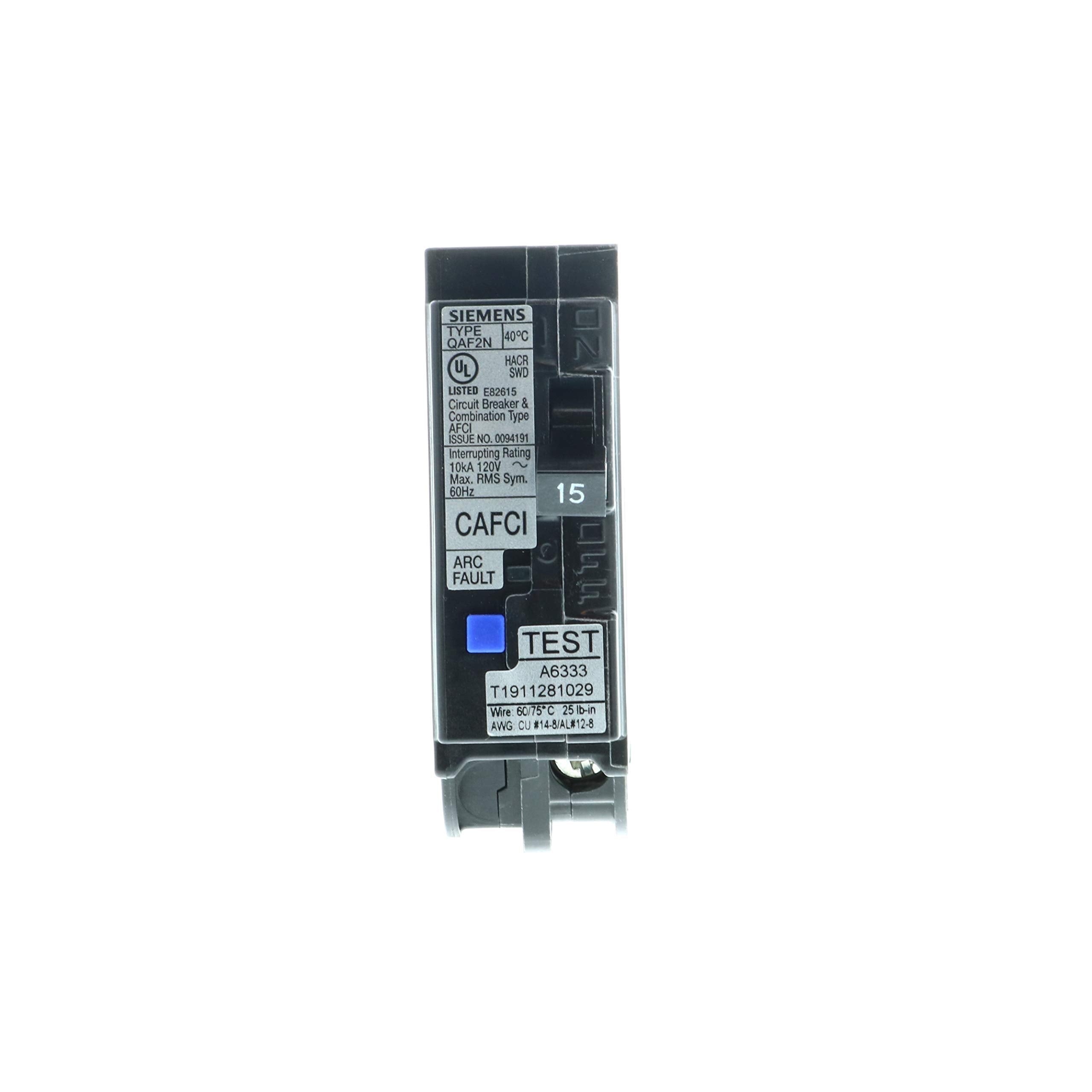 Siemens 15A AFCI plug-on-neutral breaker side view, compact design for plug-on neutral load centers.