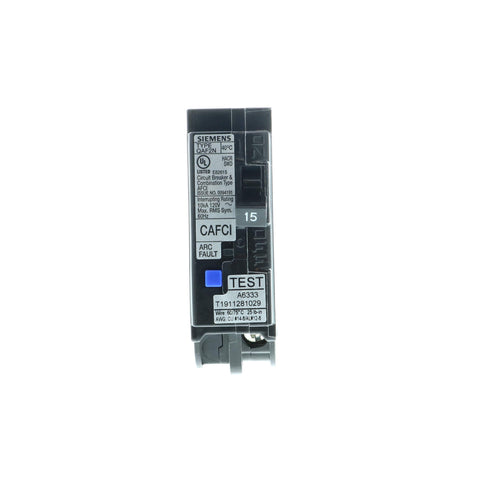 Siemens 15A AFCI plug-on-neutral breaker side view, compact design for plug-on neutral load centers.