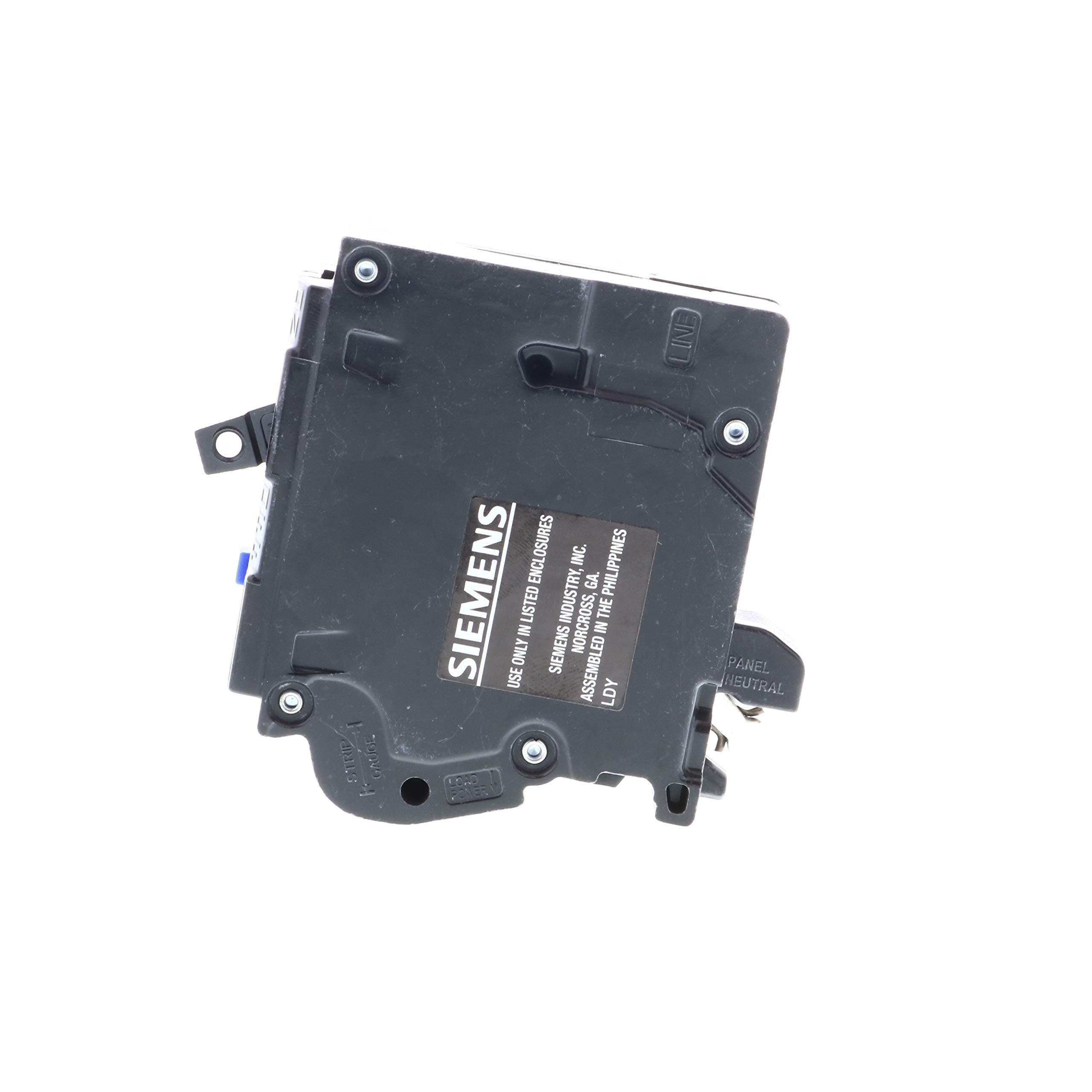 Siemens 15A AFCI plug-on-neutral breaker wiring terminal angle view, highlights simplified neutral routing.
