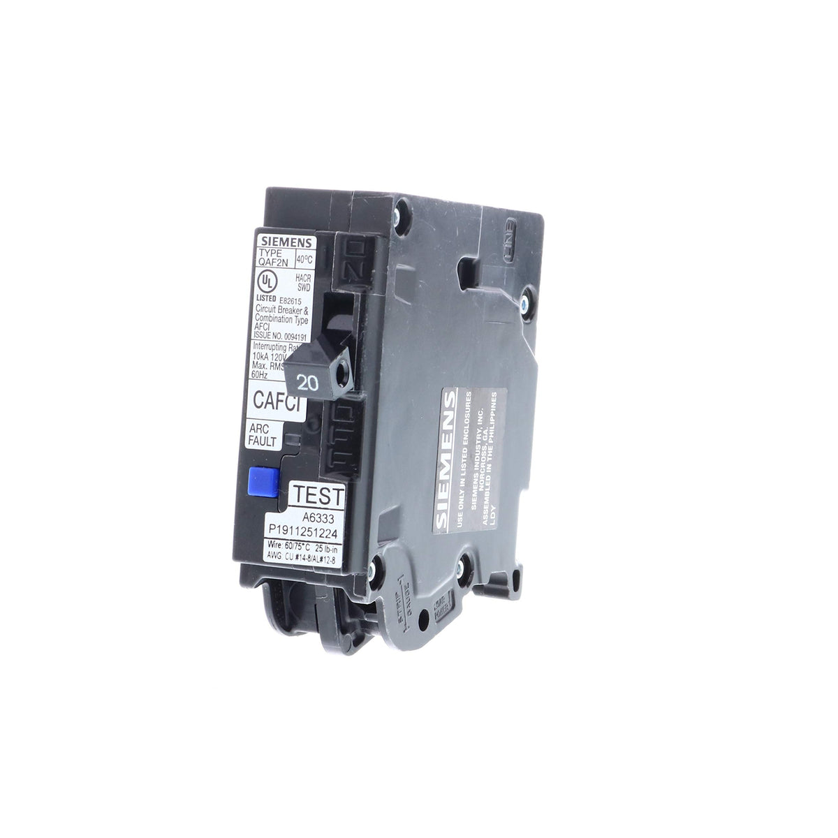 Siemens 20A AFCI plug-on neutral breaker front view with LED indicators