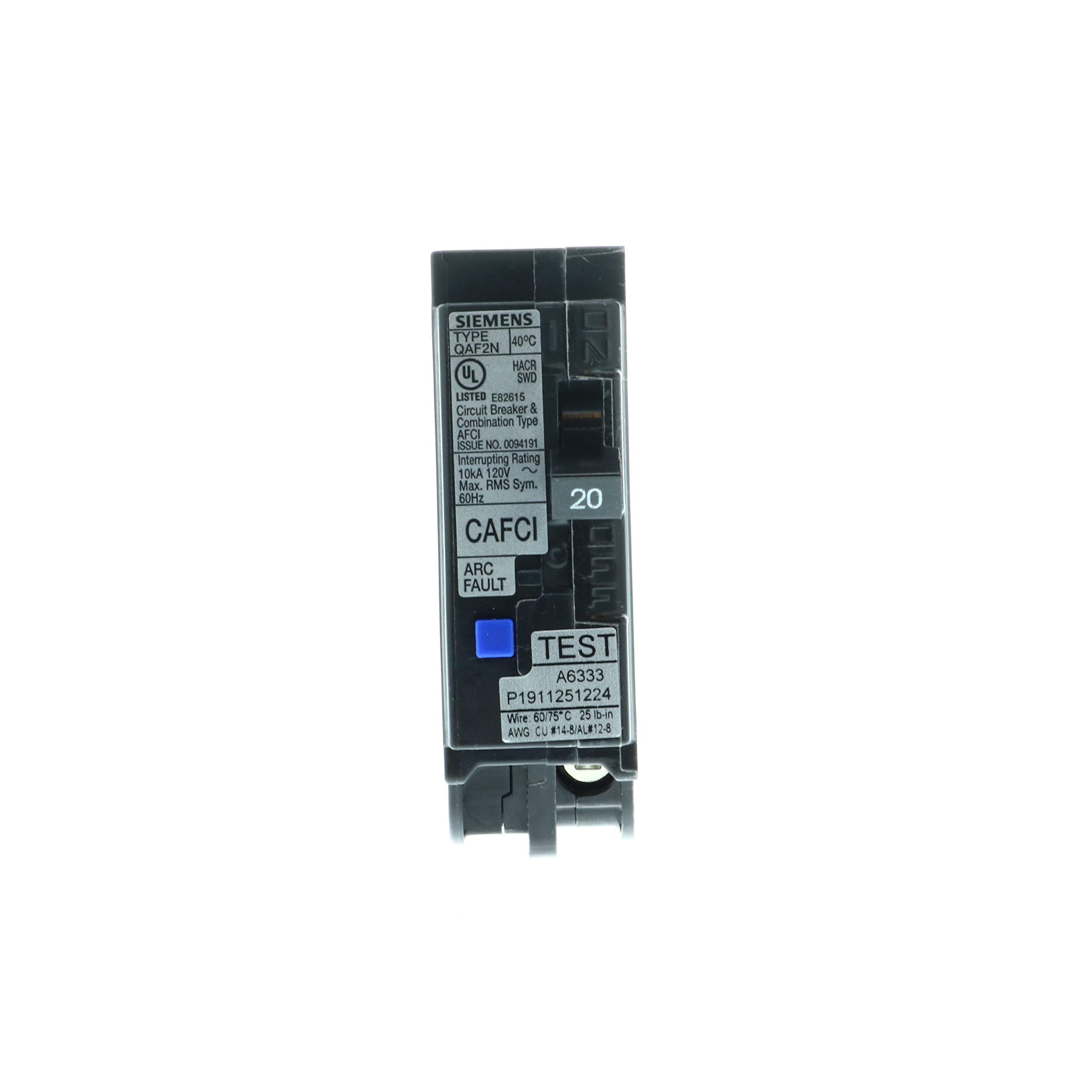 Siemens 20A AFCI plug-on neutral breaker side view showing terminals