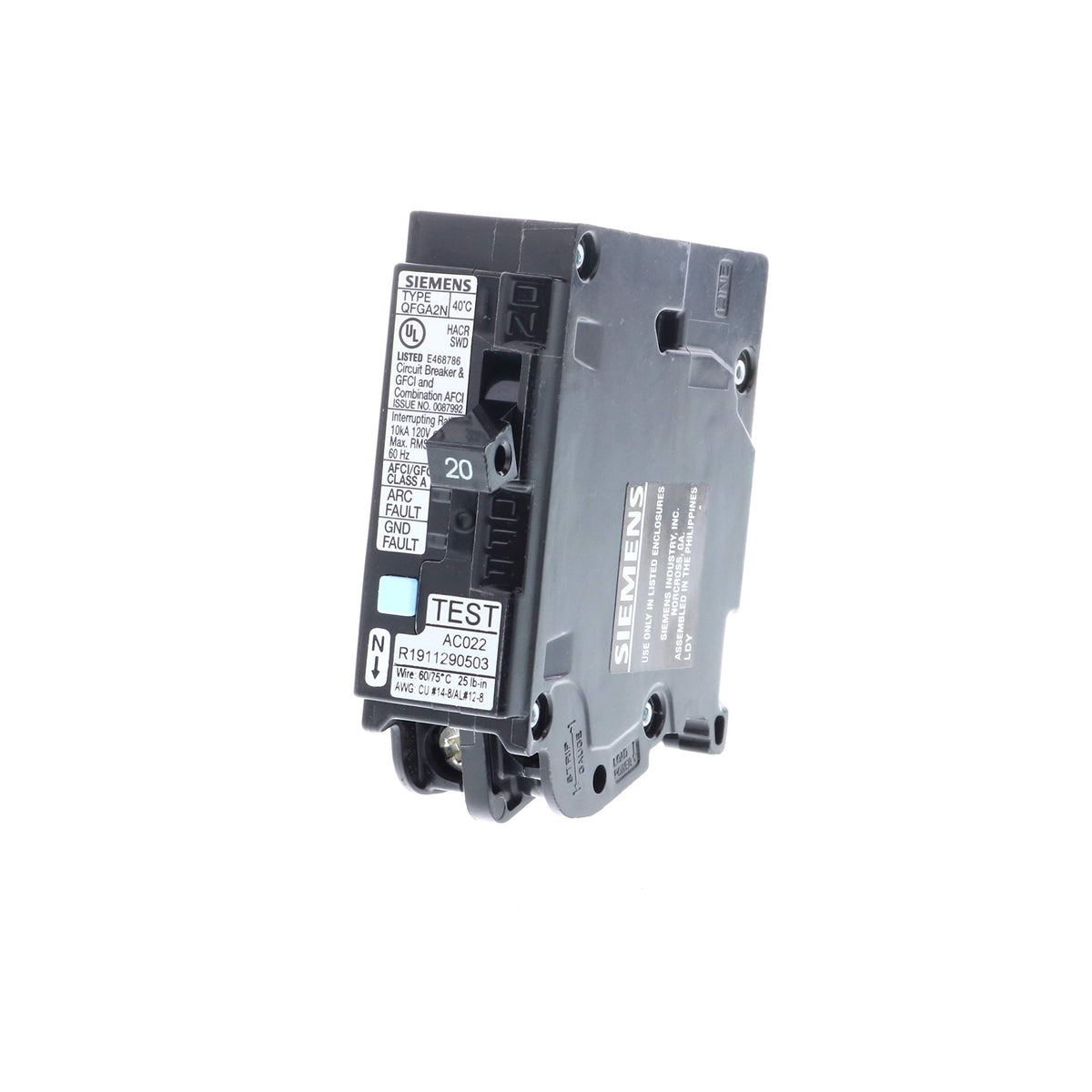 Siemens 20A plug-on-neutral breaker front view improves wiring simplicity and safety