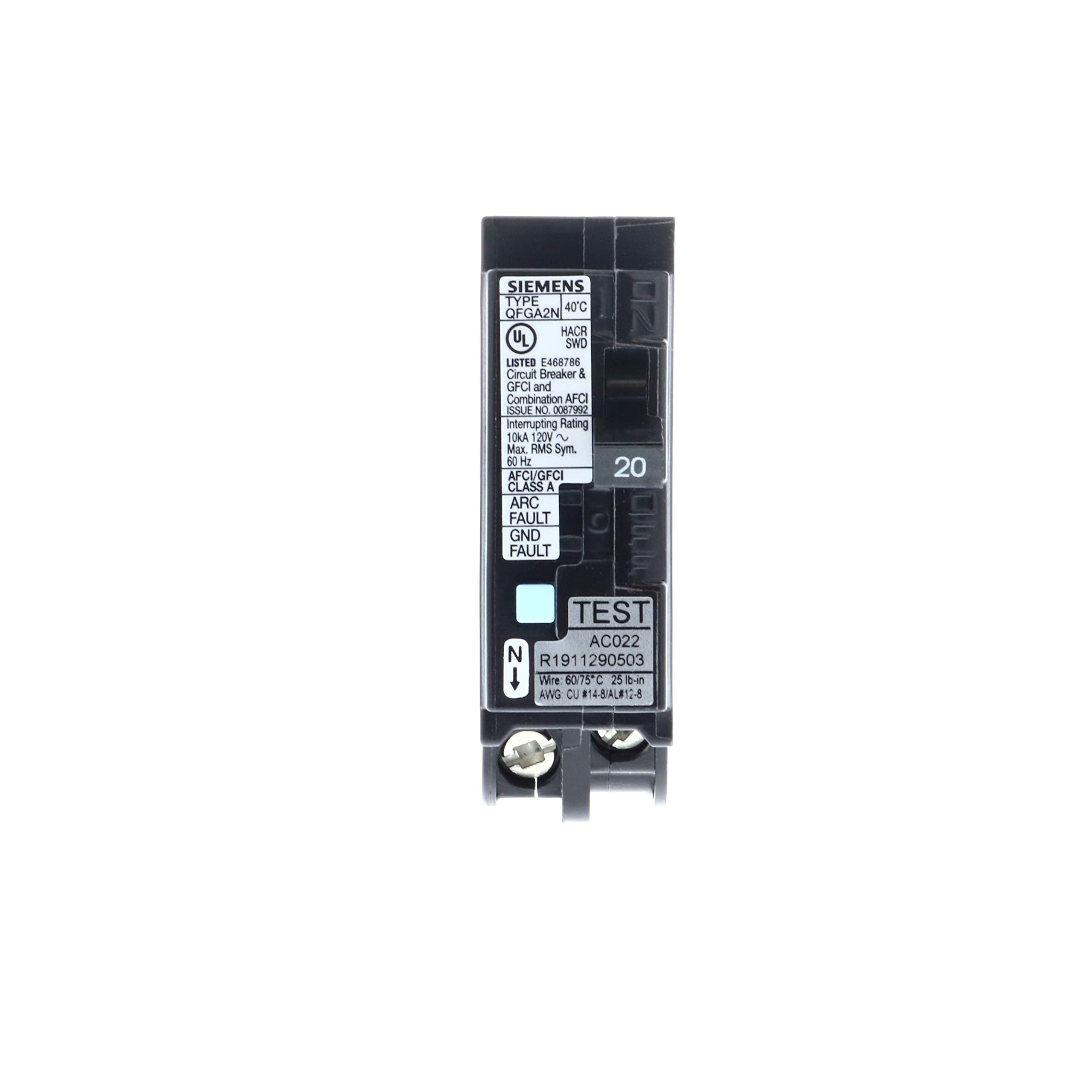 Siemens 20A plug-on-neutral breaker rear view shows simplified wiring for quicker installs