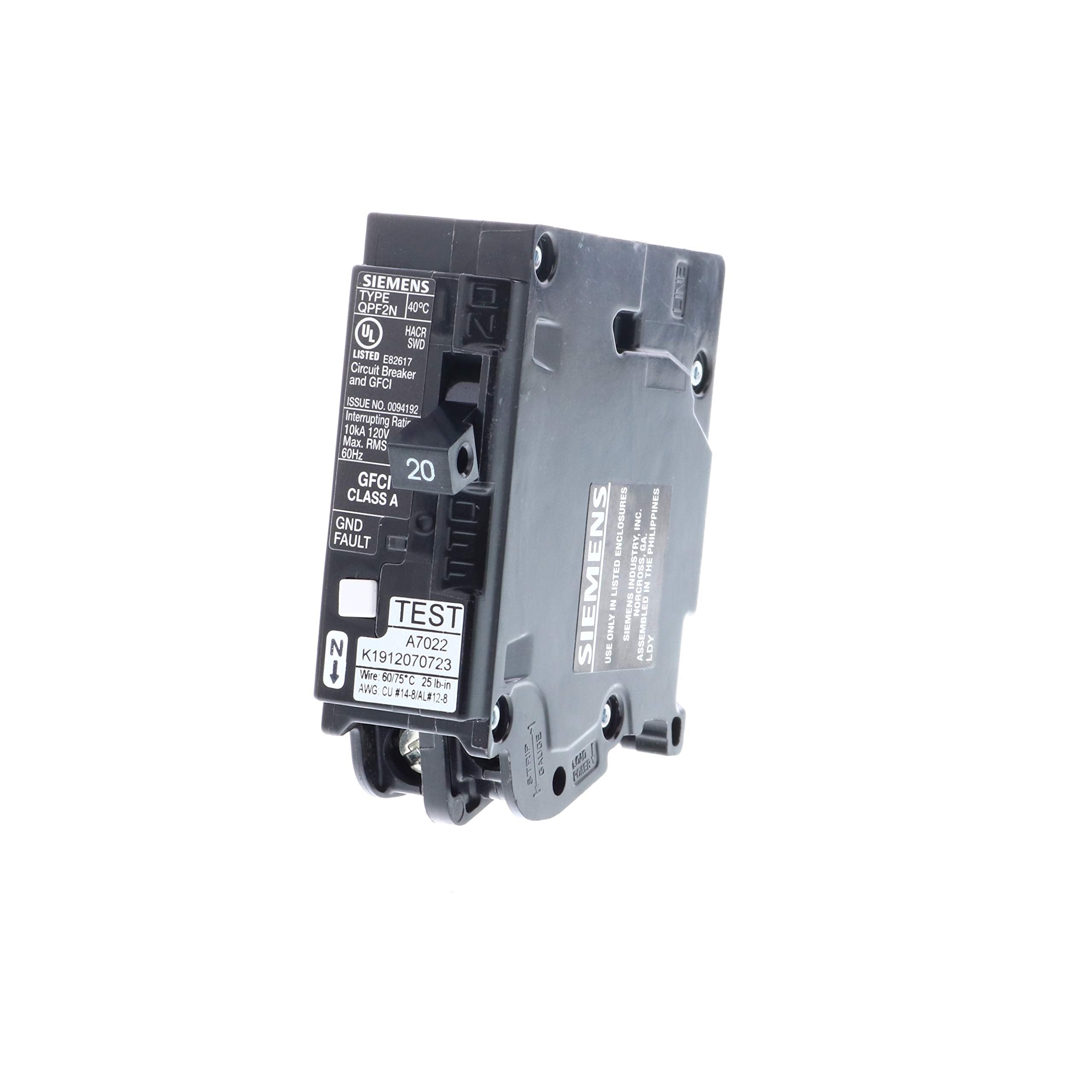 Siemens 20A 1-Pole GFCI plug-on-neutral breaker front view for safe kitchen installation