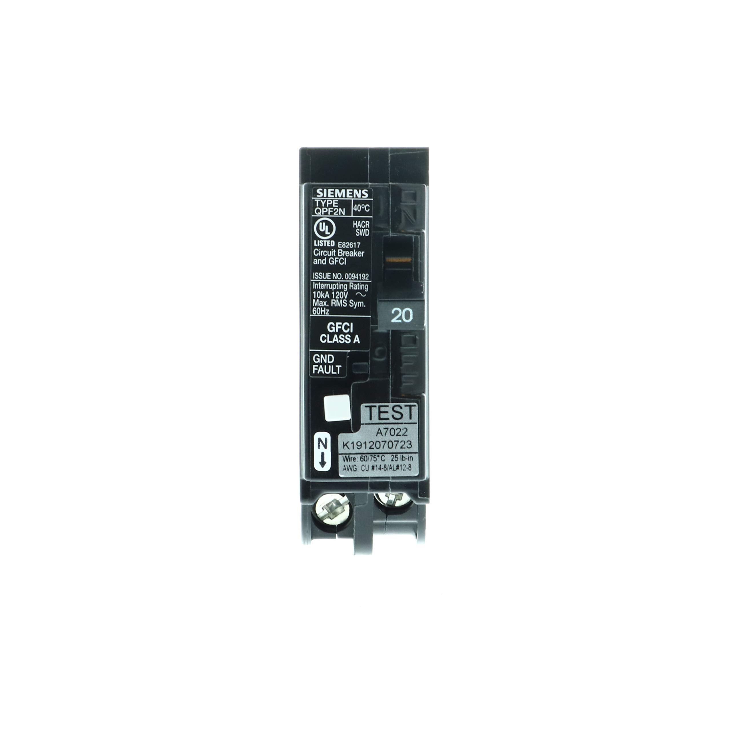 Siemens 20A 1-Pole GFCI plug-on-neutral breaker side view showing compact panel fit