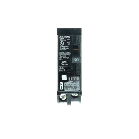 Siemens 20A 1-Pole GFCI plug-on-neutral breaker side view showing compact panel fit