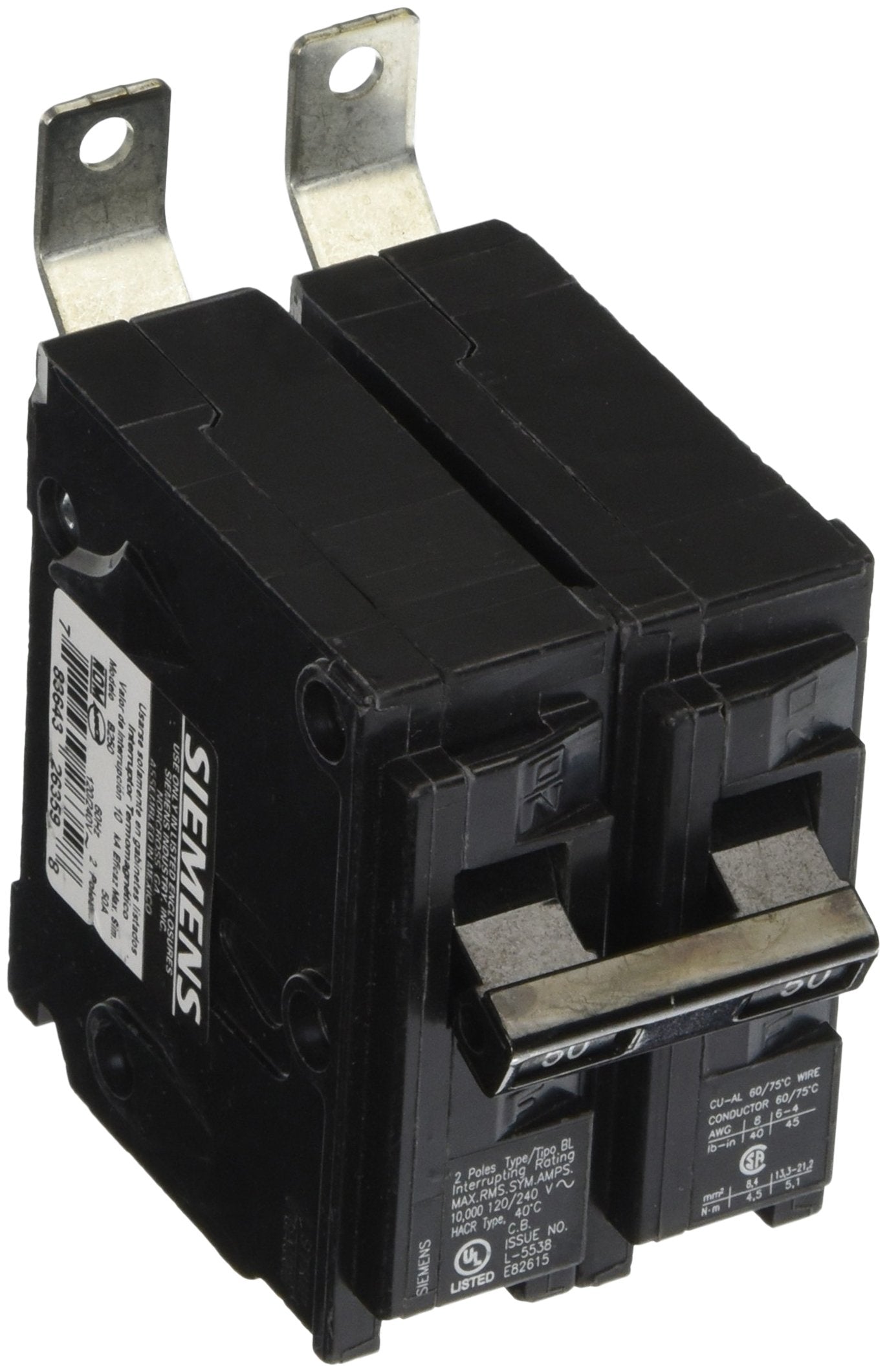 Siemens B250 50-Amp double-pole breaker for panel boards; reliable 120/240V protection.