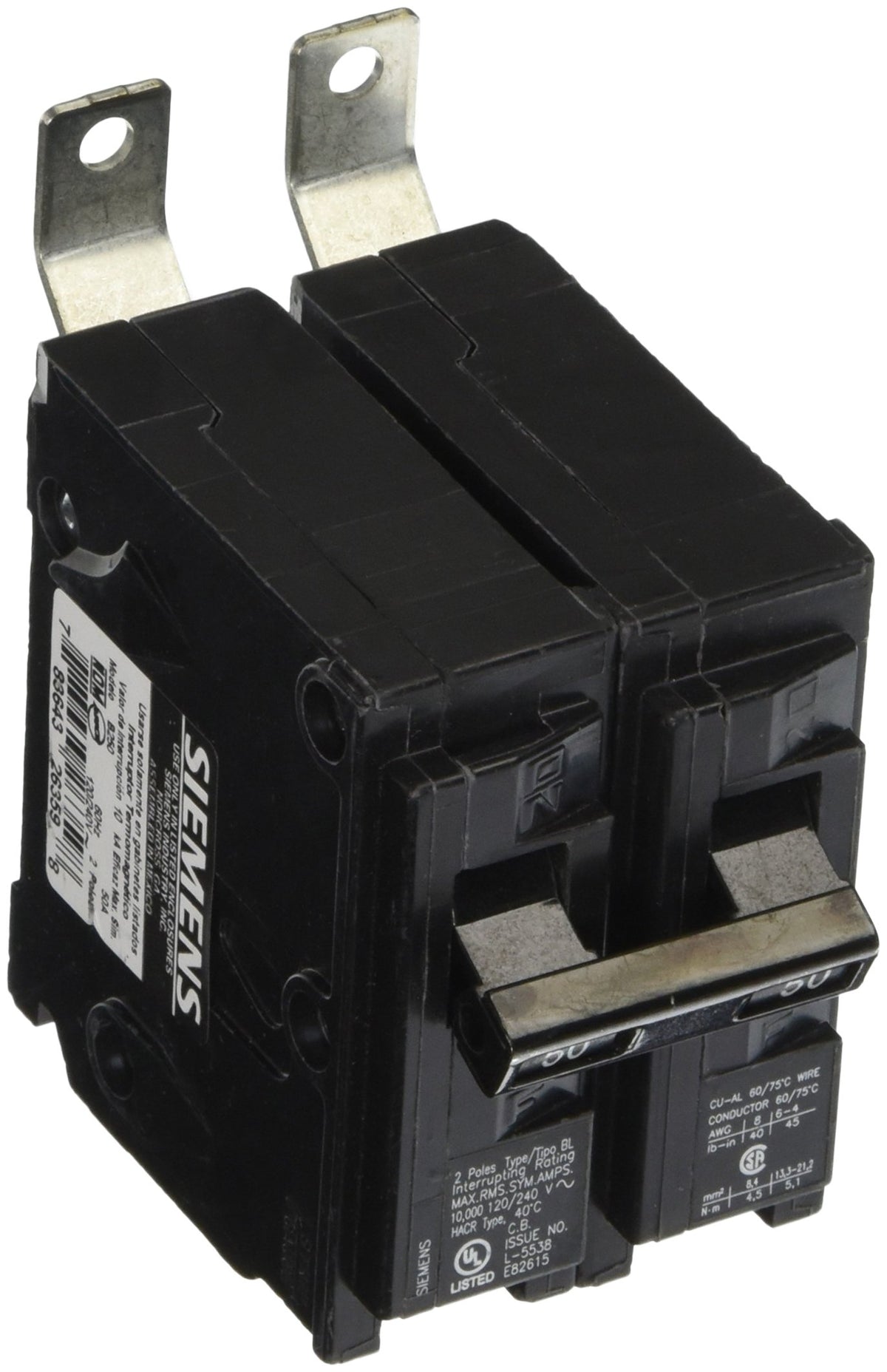 Siemens B250 50-Amp double-pole breaker for panel boards; reliable 120/240V protection.