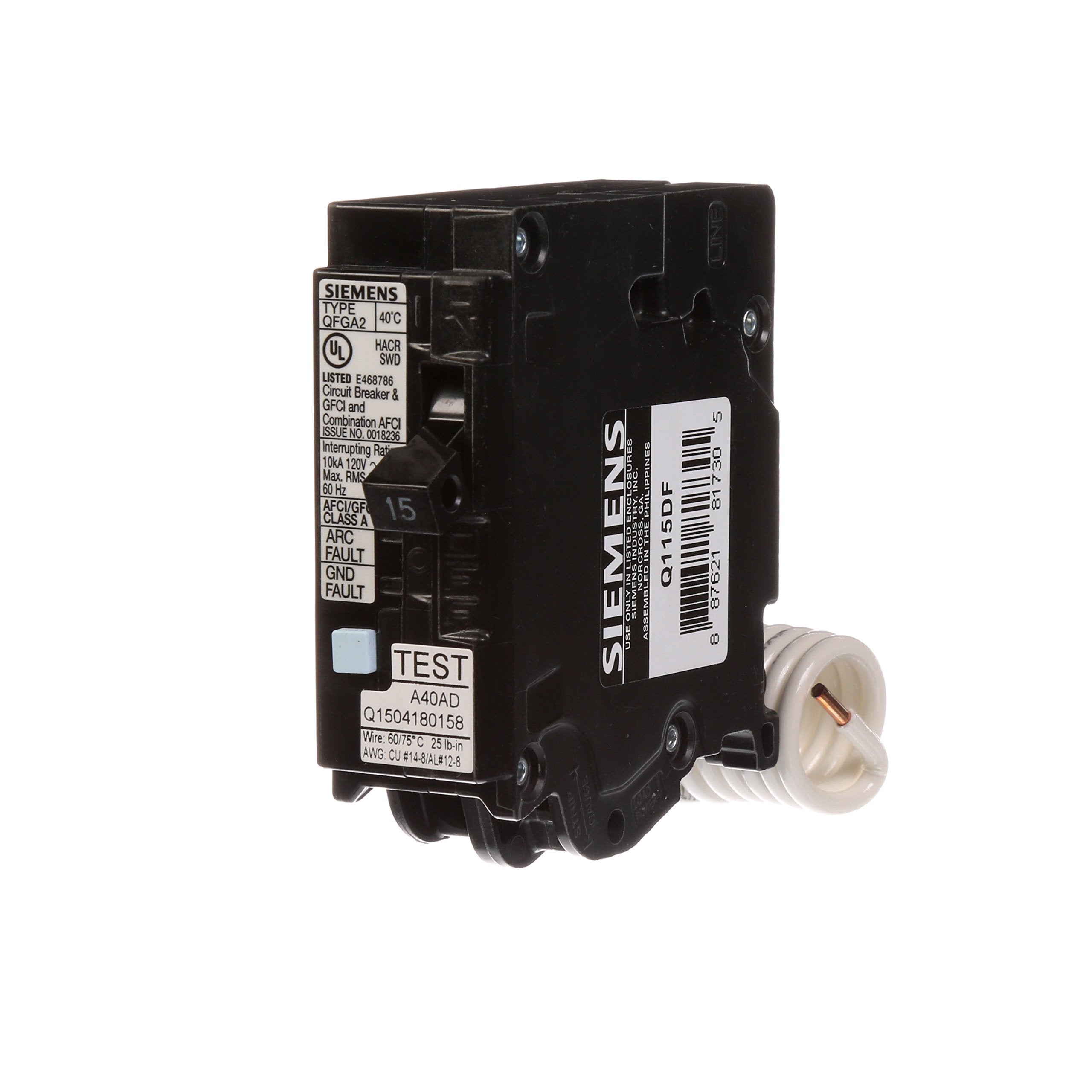Siemens Q115DF dual-function breaker front view with compact protection.