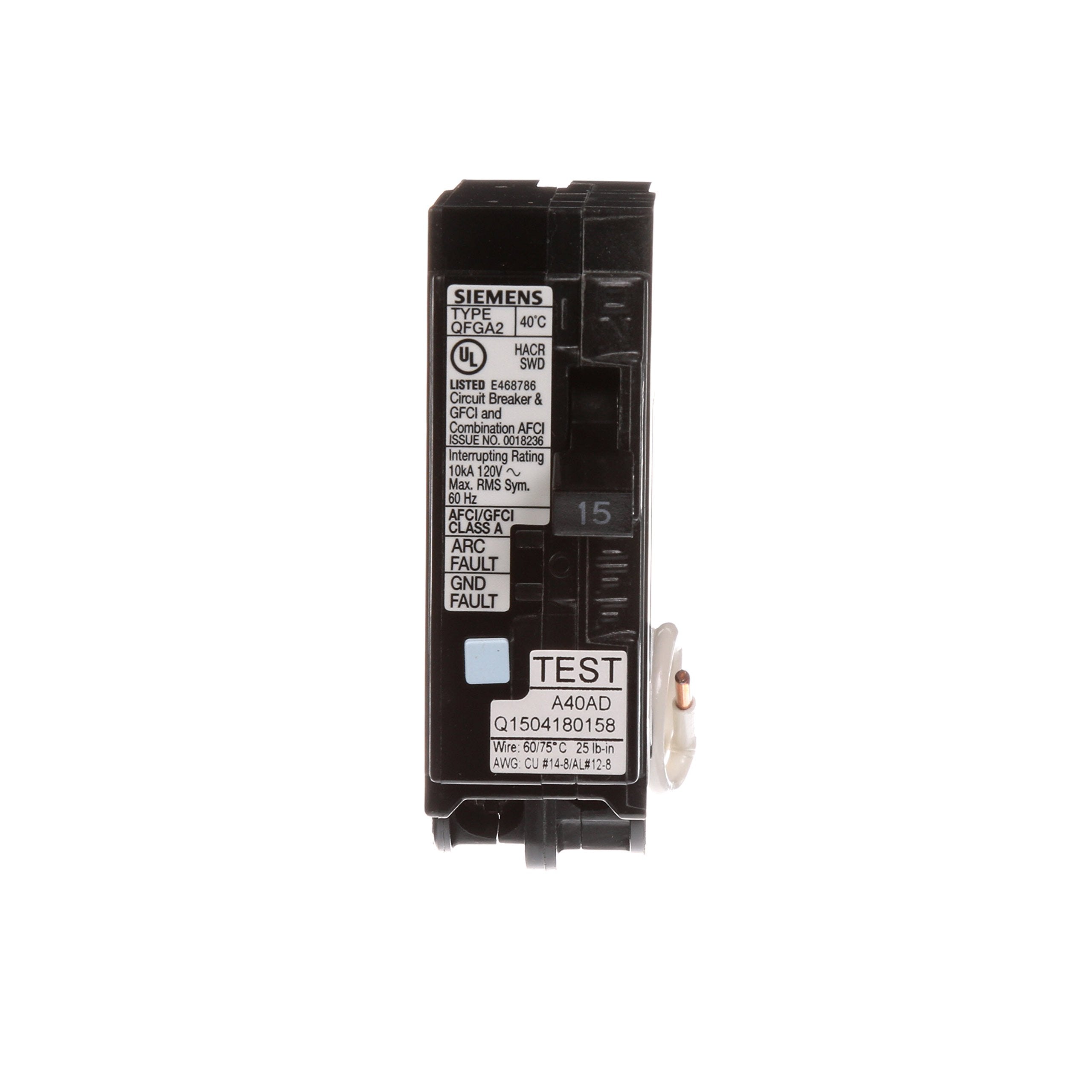 Siemens Q115DF LED trip indicator highlights trip cause for quick troubleshooting.