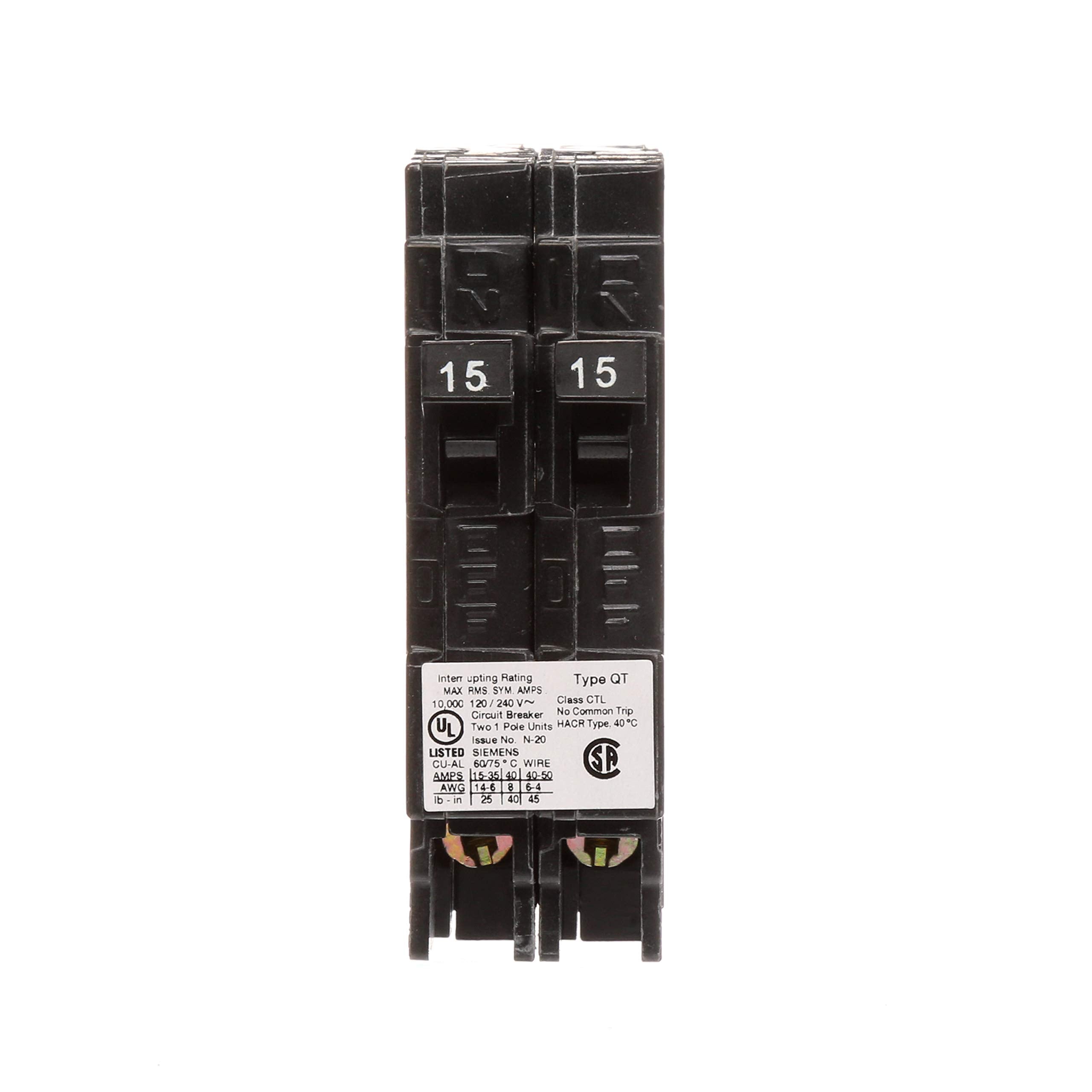 SIEMENS Q1515 duplex breaker side view demonstrates easy plug-in installation.