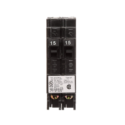 SIEMENS Q1515 duplex breaker side view demonstrates easy plug-in installation.