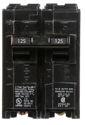 Siemens Q2125 125-Amp 2-Pole circuit breaker front view for reliable panel protection.