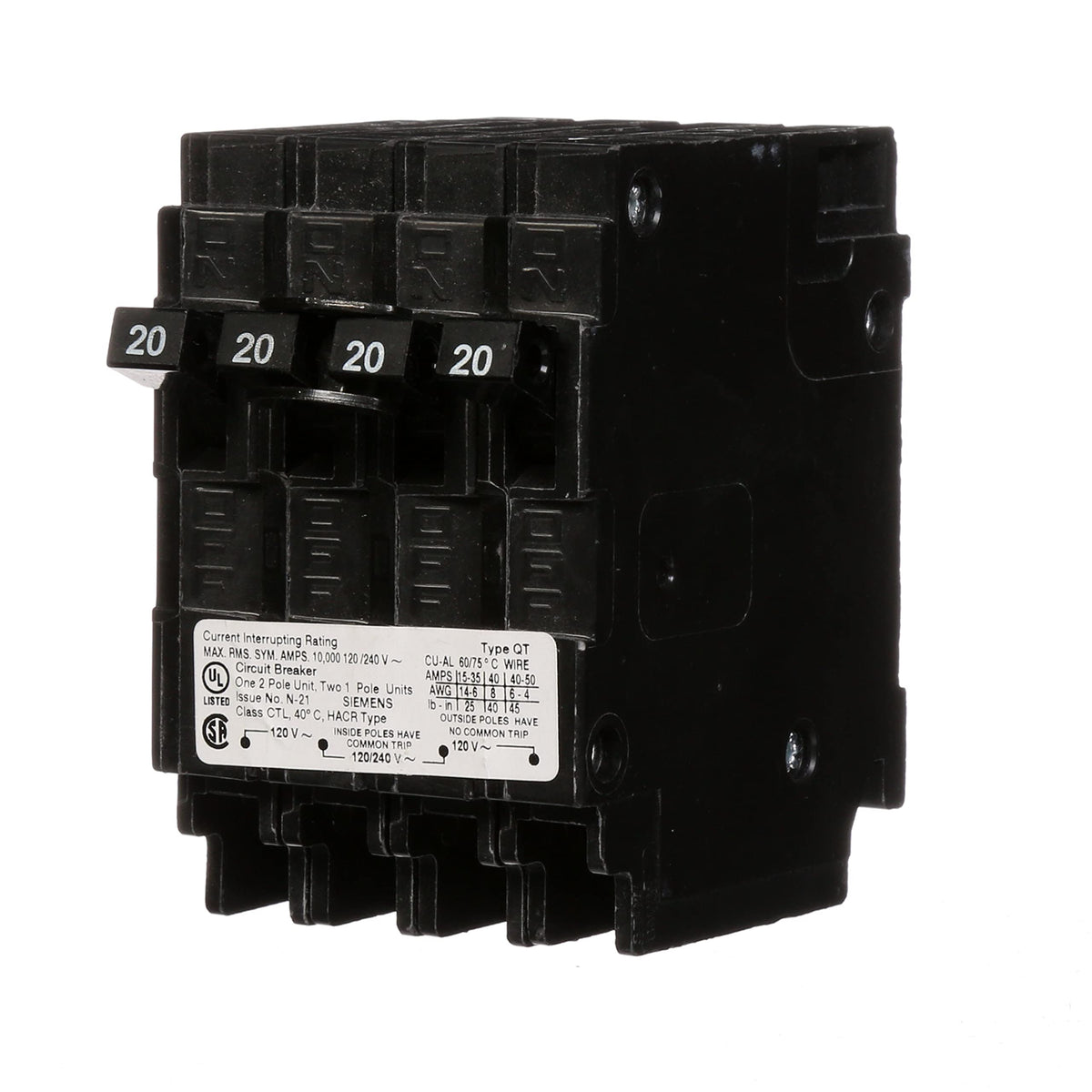 Siemens Q22020CT triplex breaker front view highlighting space saving design