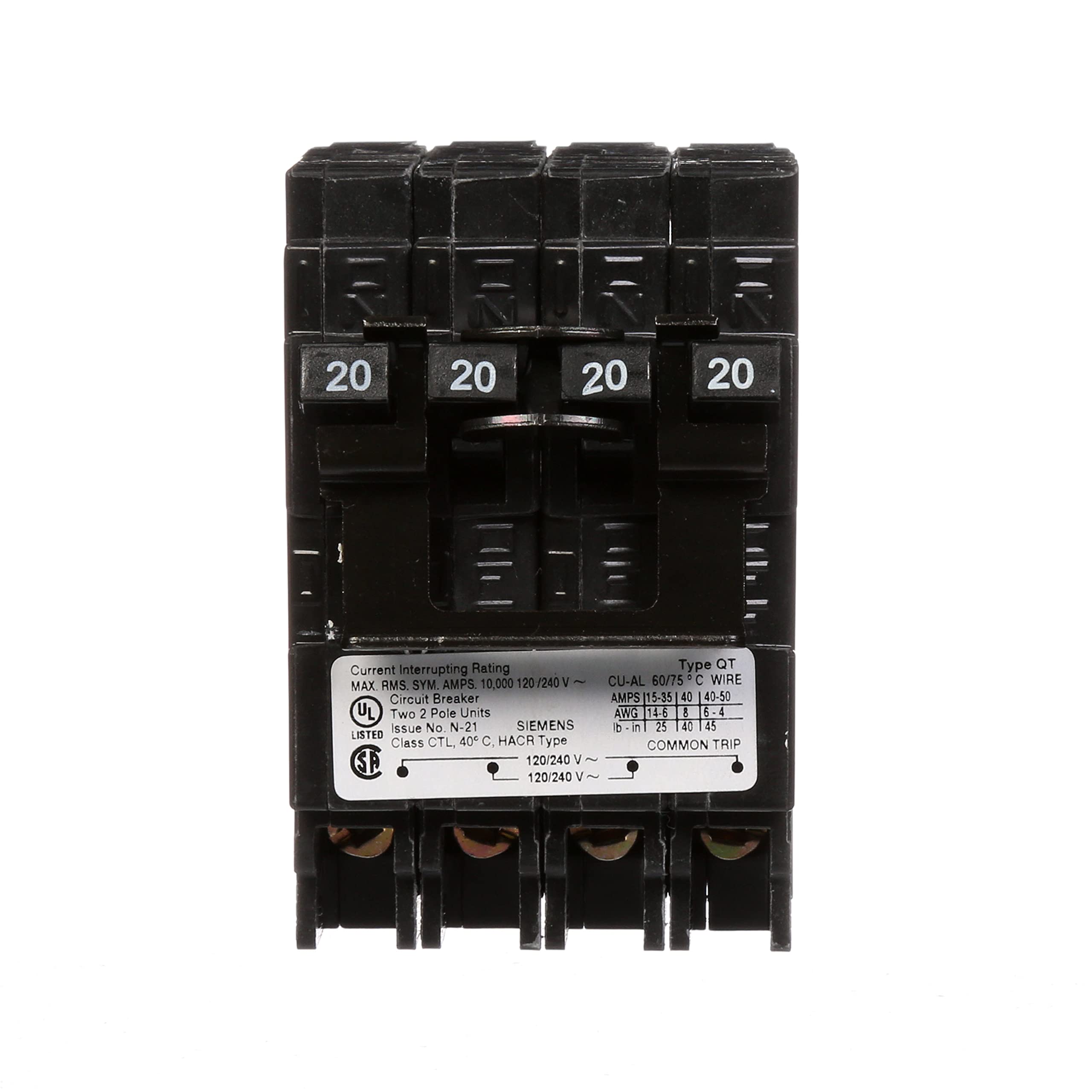 Siemens Q22020CT2 plug-in type breaker facilitates quick installation and replacement.