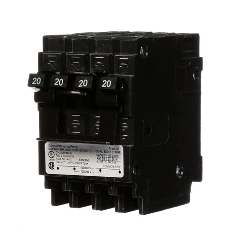 Siemens Q22020CT2 two-20A double-pole breaker in a panel, reliable branch protection.