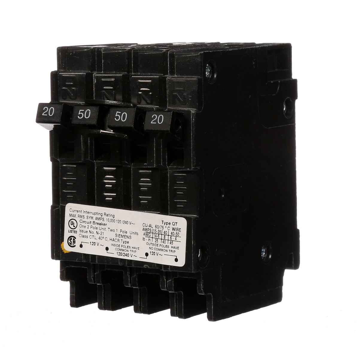 Siemens Q22050CT 50A double-pole breaker front view for panel upgrade