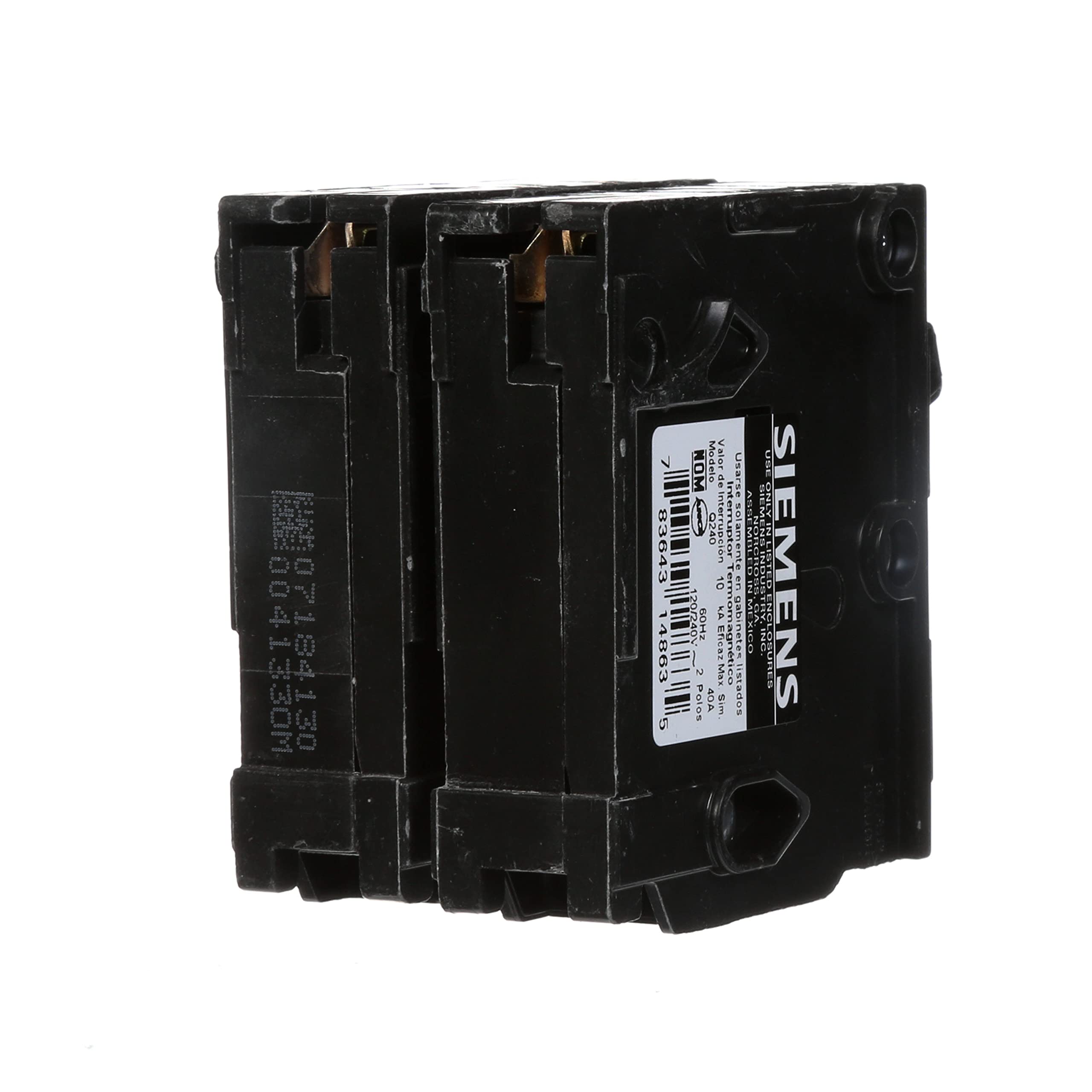 Siemens Q240 inside-panel view emphasizes 240V double-pole protection in load centers.