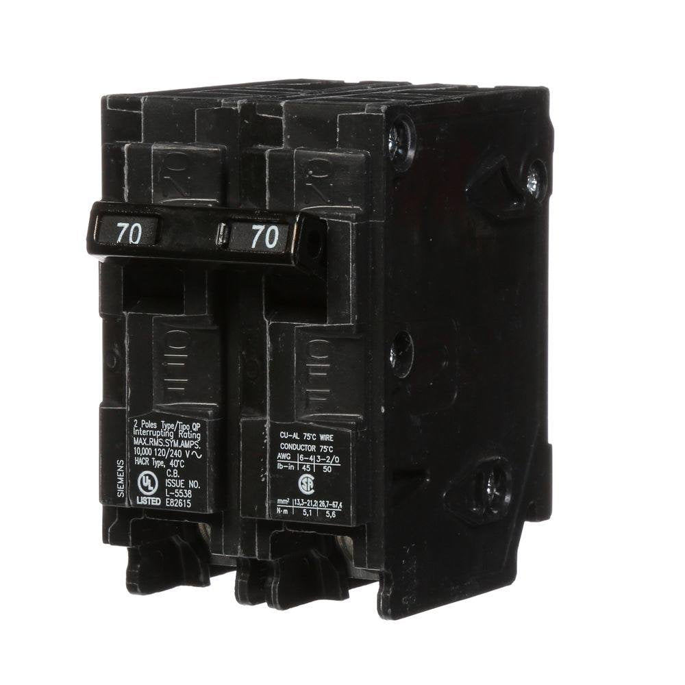 Siemens Q270 front view shows 70A double-pole protection for 240V circuits.