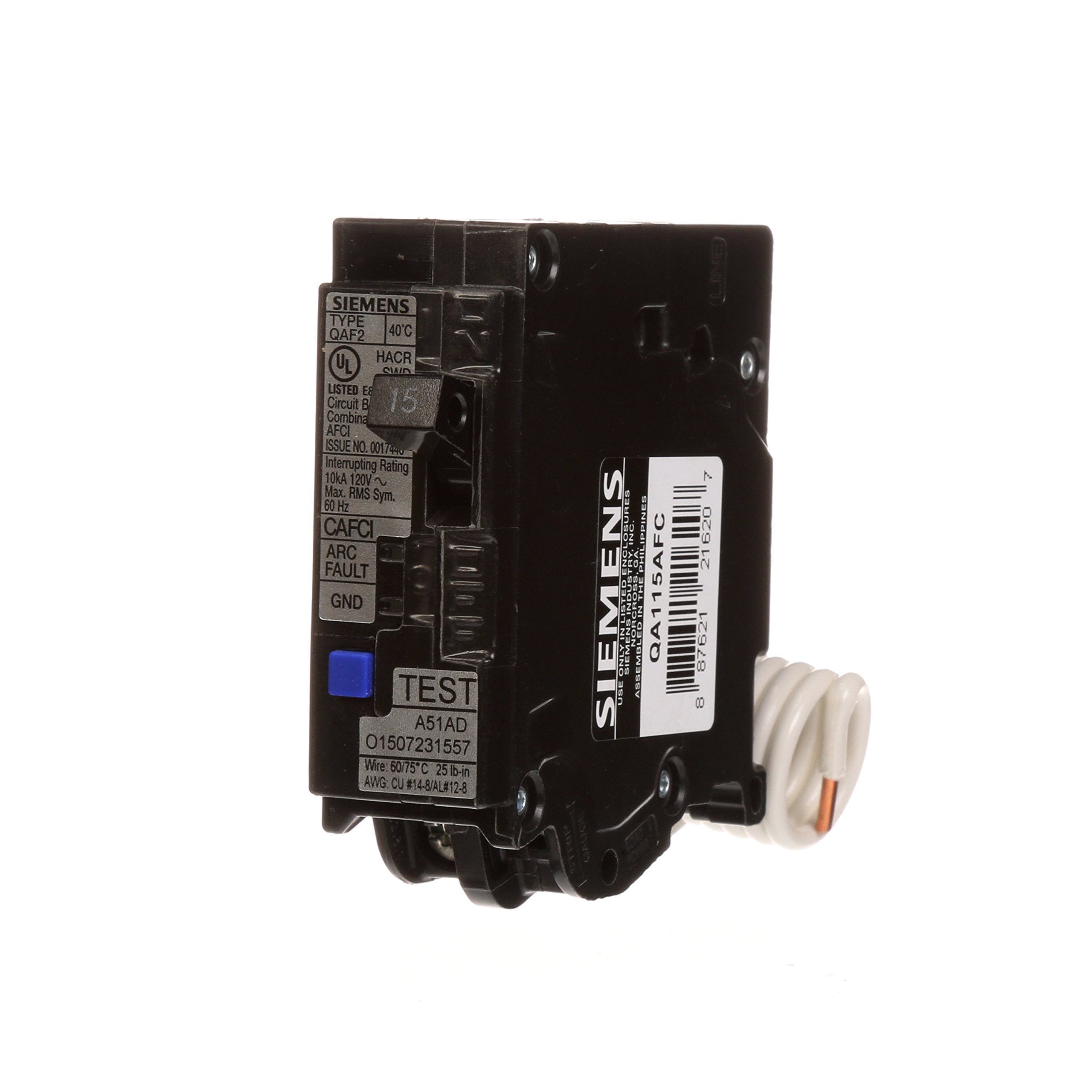 Siemens QA115AFC front view showing compact, install-friendly breaker.