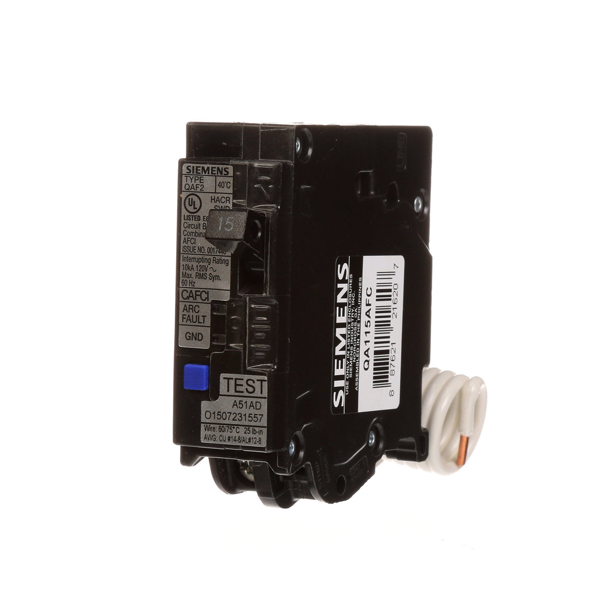Siemens QA115AFC front view showing compact, install-friendly breaker.