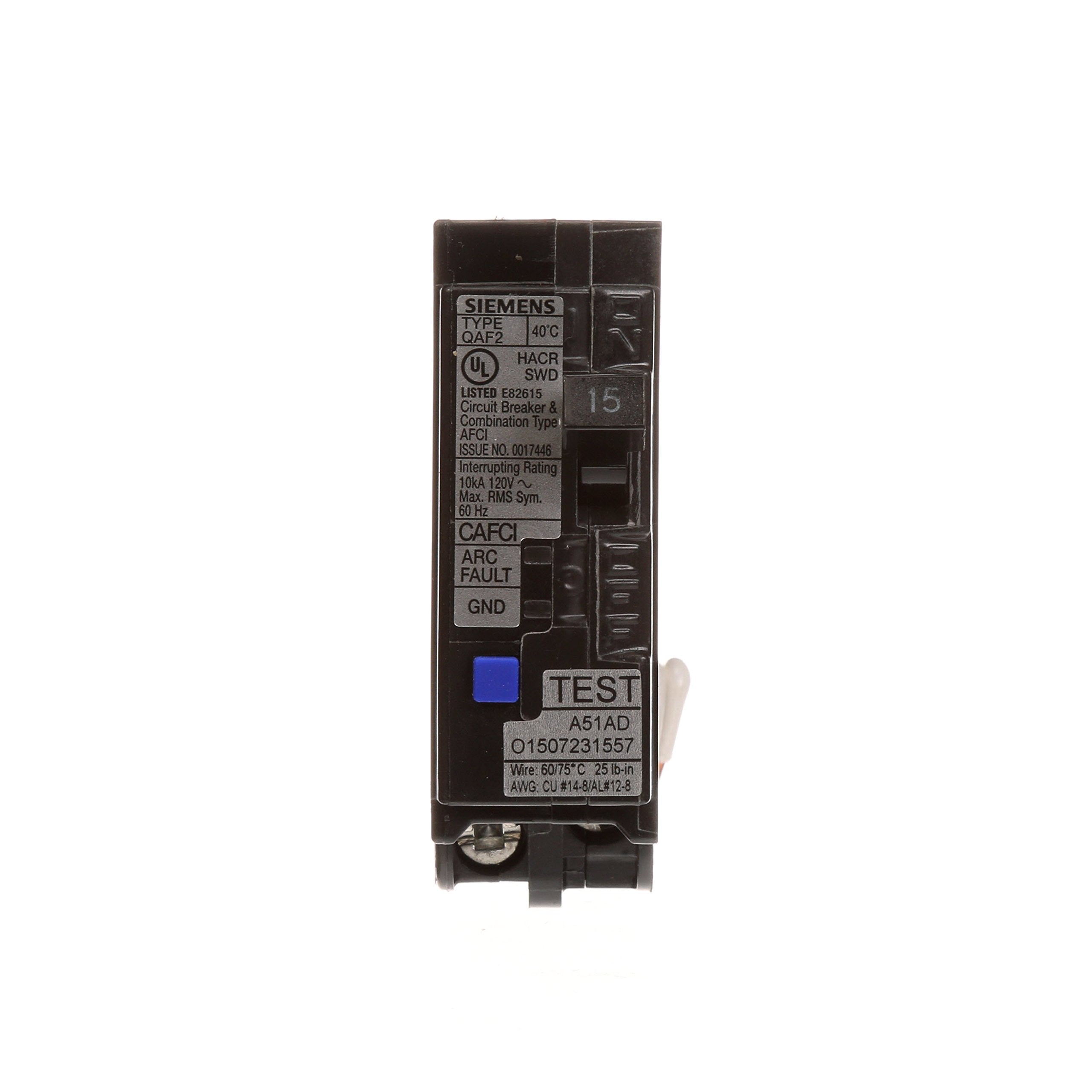 Siemens QA115AFC side-entry wiring demonstrates space-saving design.