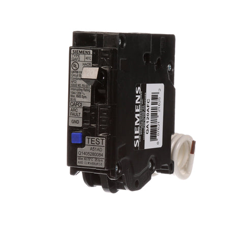 Siemens QA120AFC front view shows compact single-pole design for 120V circuits.