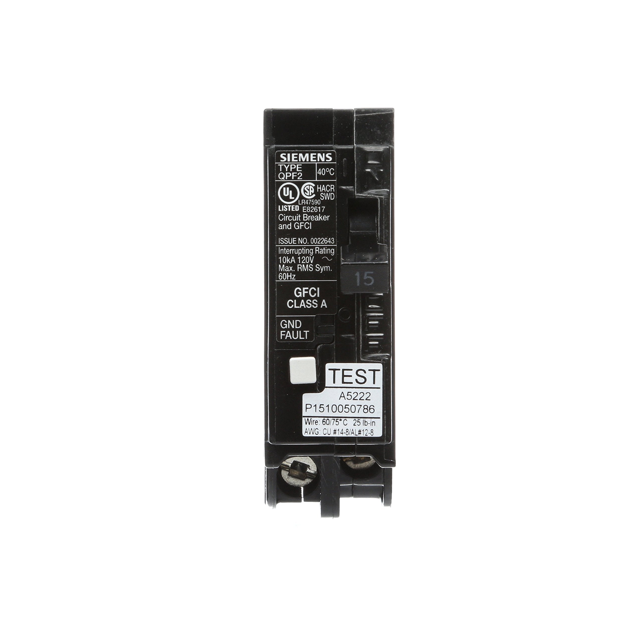 Siemens QF115A 15A GFCI, 1-pole, 120V for reliable arc fault protection
