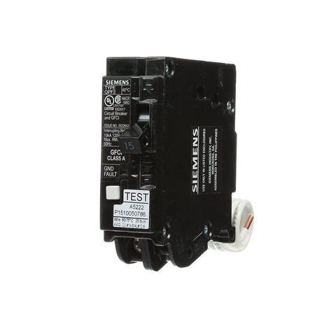 Siemens QF115A GFCI breaker with self-test in a residential panel, boosting safety